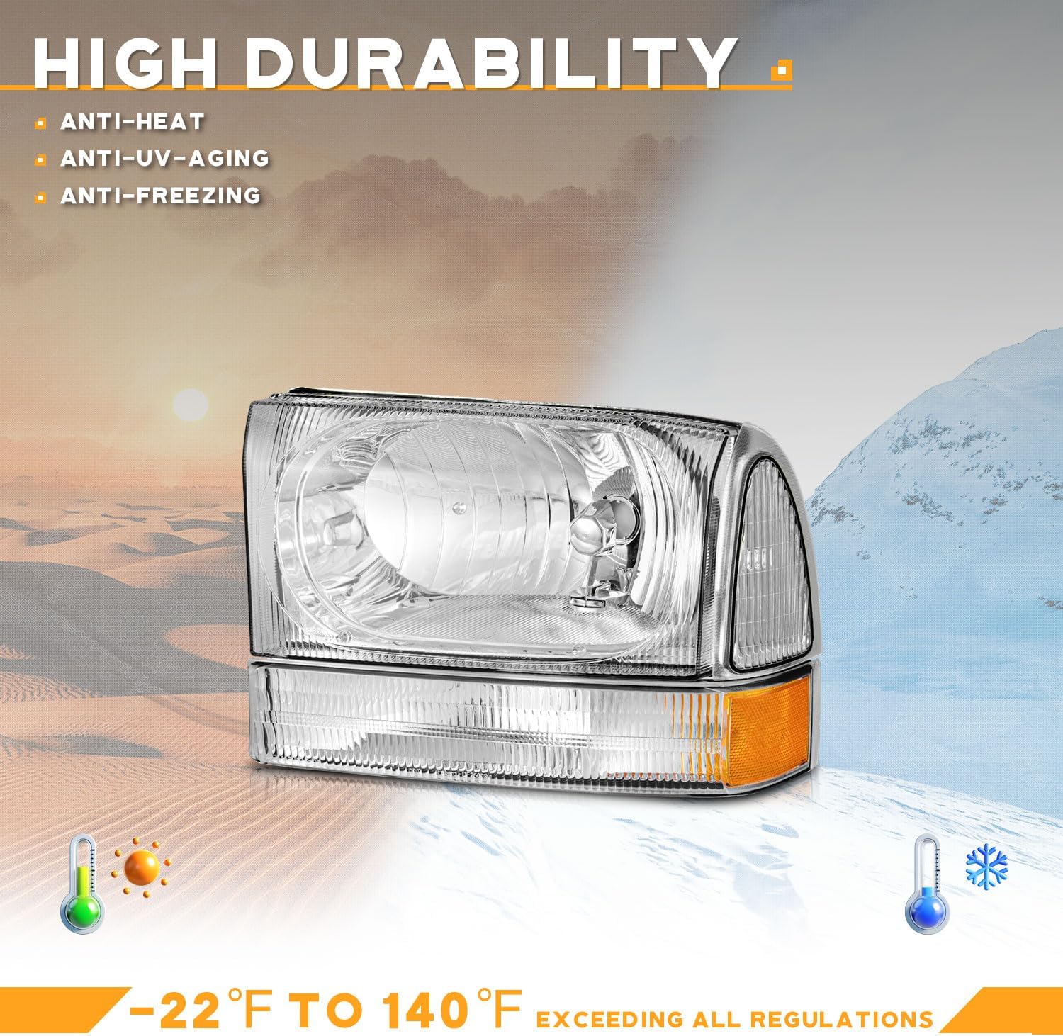 WEELMOTO Headlights Assembly for 1999-2004 Ford Super Duty F250 F350 F450 F550, for 00 01 02 03 04 Ford Excursion Sets Headlamp with Bumper Lamps Chrome Housing