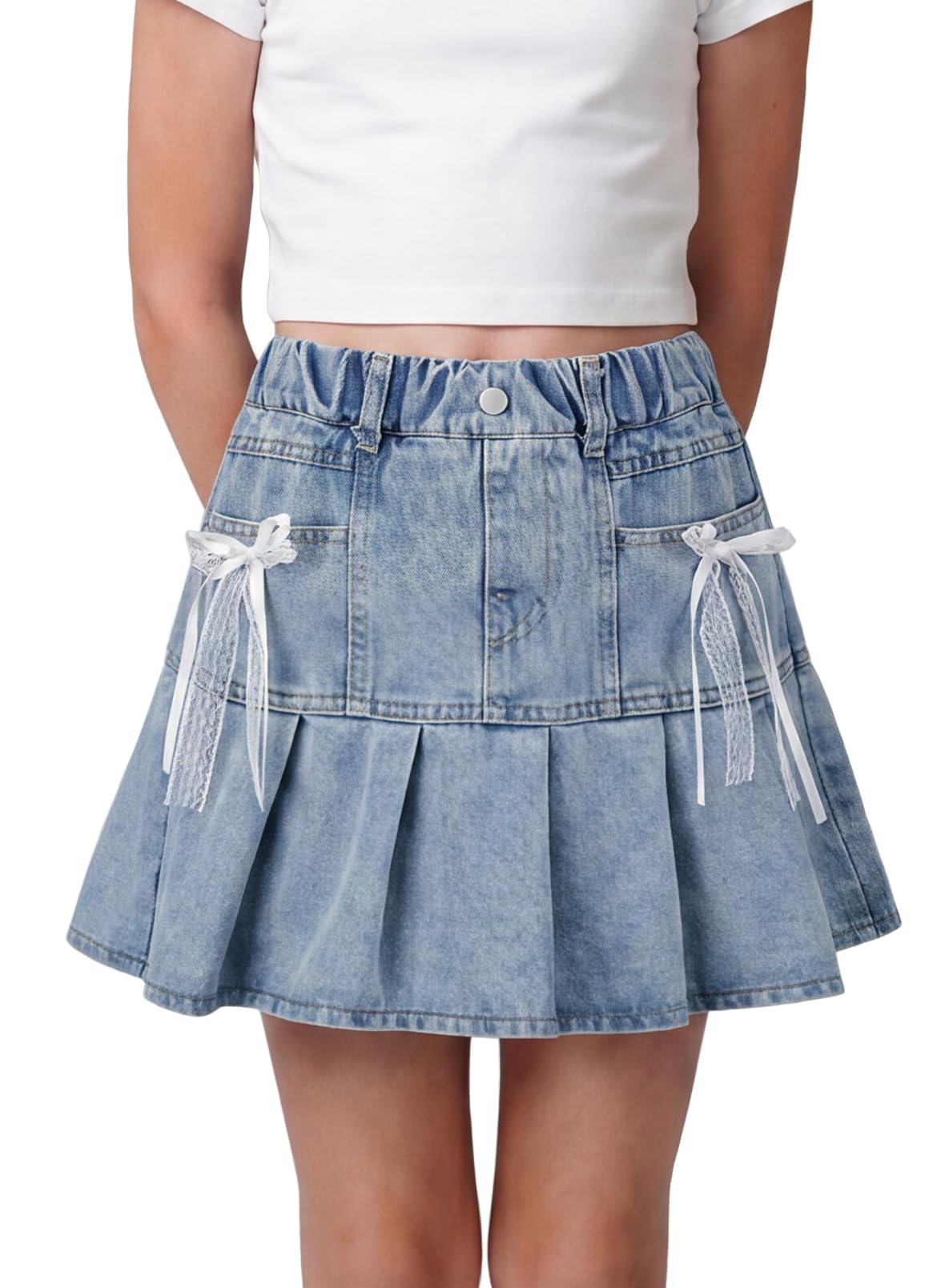 Mädchen Denim Rock Sommer Jeansrock Kinder A-Linie Faltenrock Tennisrock Kurze Jean Miniröcke Teenager Röcke Elastische Taille Vintage Sommerrock mit Hose