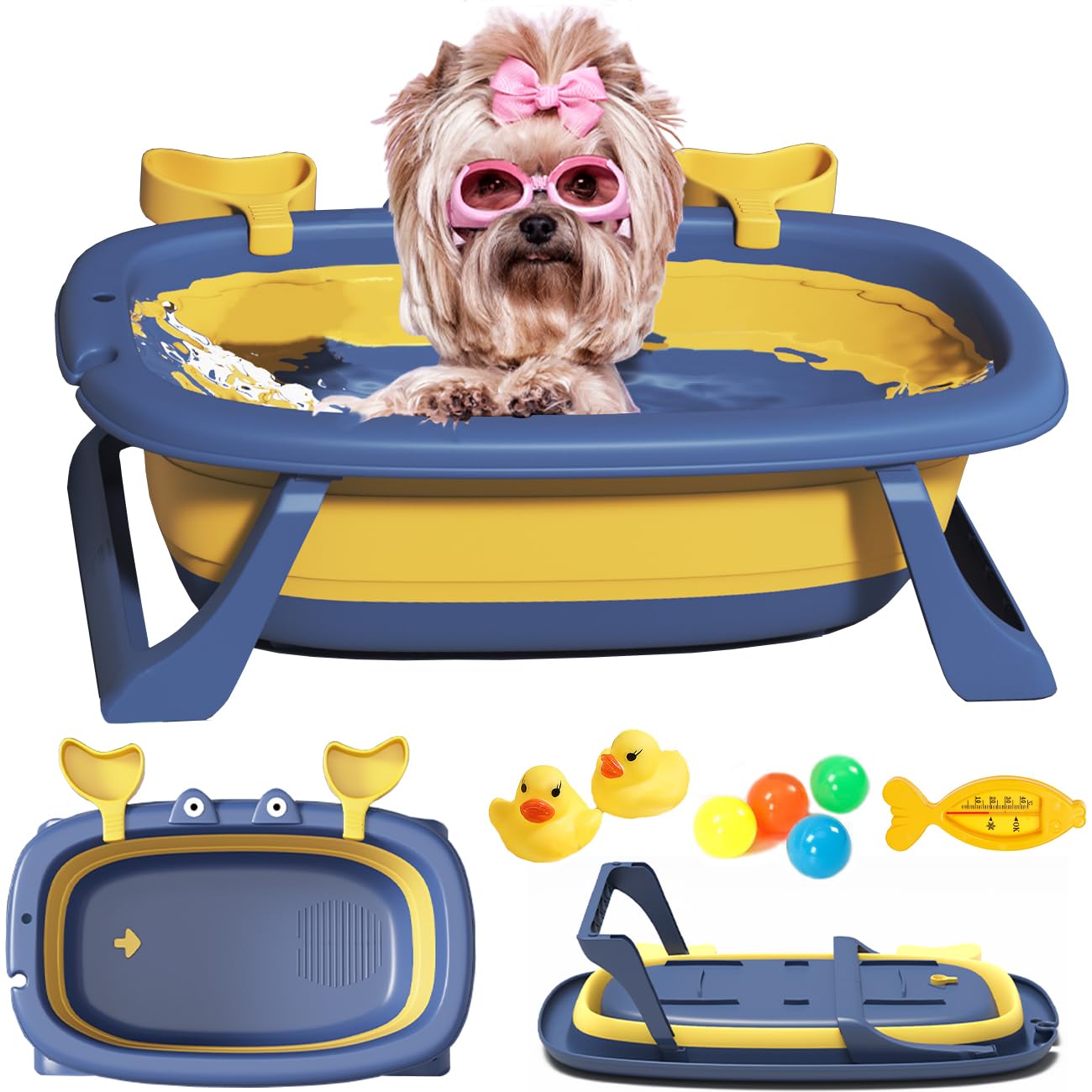 Pet Bathtub, Portable Puppy Bathtub with Dog Toys for Easy Baths and Easy Storage, Dog Bath Tubs for Small Medium Pets-Foldable Pet Shower Tub with Drainage Hole, 26.5 x 17.2 x 7.8In,Blue