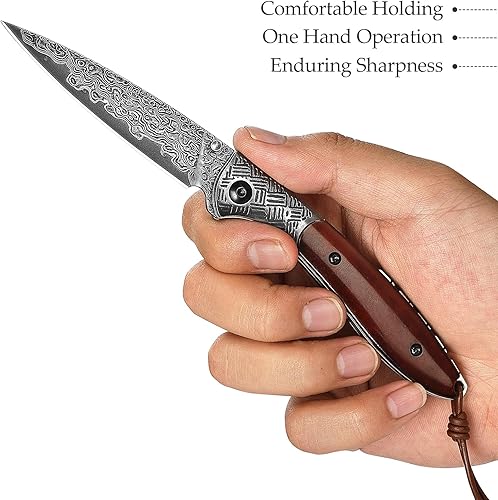 Miniatura 4 de Cuchillo de bolsillo plegable de Damasco hecho a mano de 3.15 pulgadas, cuchillos EDC regalo para hombres, mango de hueso marrón, rodamientos de