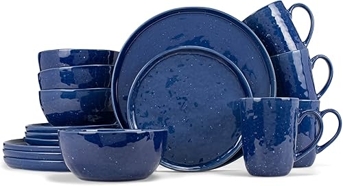 Elanze Designs Juego de 16 platos de cerámica estilo rústico occidental, con moteado brillante, tazones, tazas y vajilla  Servicio para 4, color azul