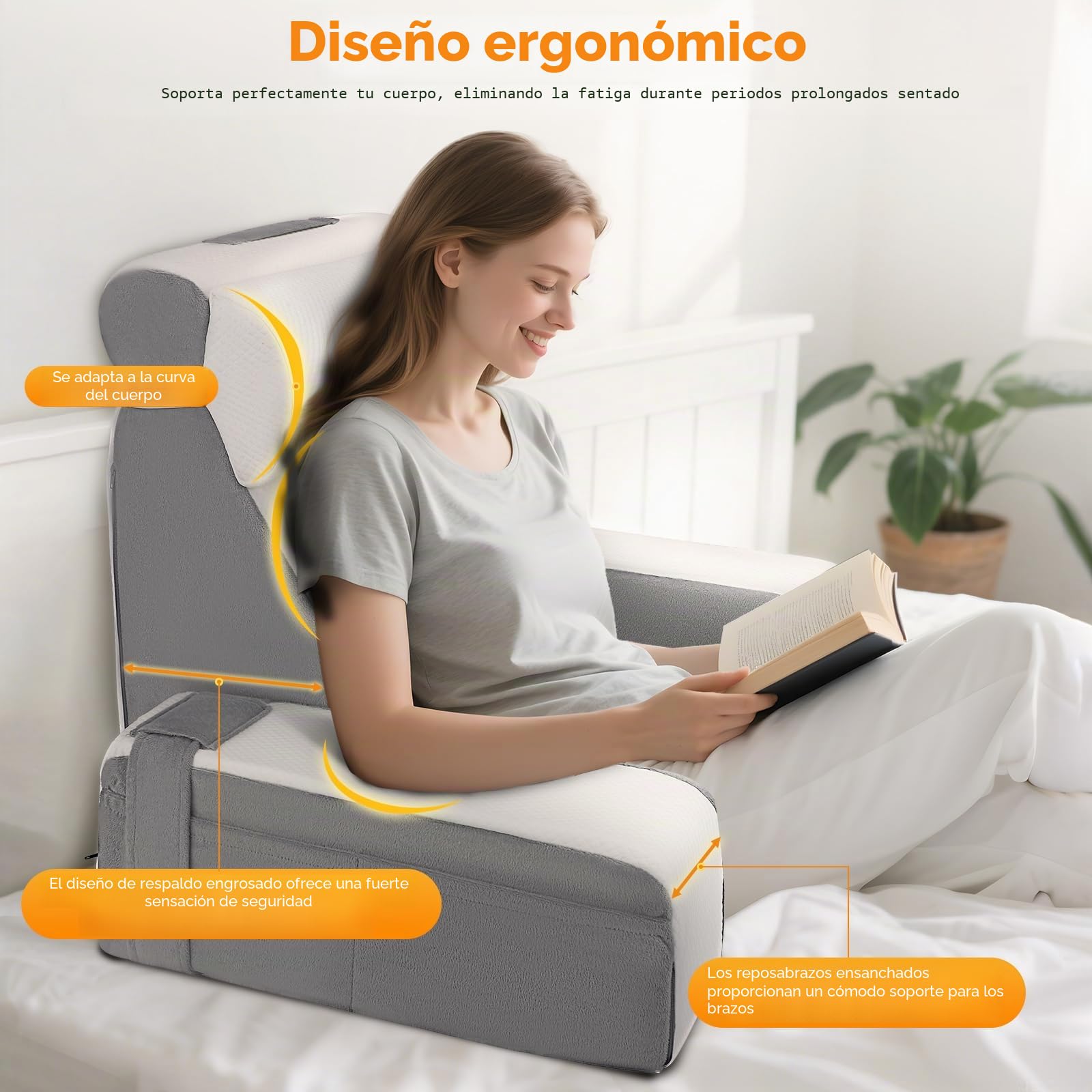 cojín de lectura para cama y sofá, cojín trasero de espuma de memoria con almohada para el cuello y reposabrazos desmontables, cojín trasero para adultos para leer, ver televisión, jugar