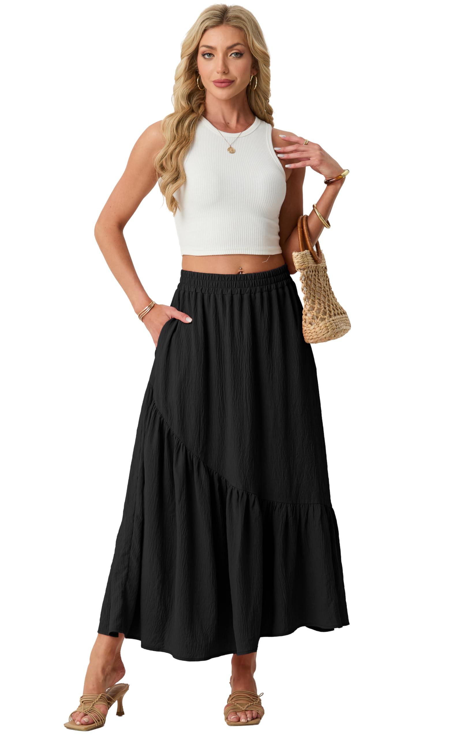 GRECERELLE Damska spódnica maxi, długie letnie spódnice dla kobiet, elastyczna talia, boho, zwiewna spódnica o linii A, z kieszeniami i falbankami, na wakacje i na co dzień