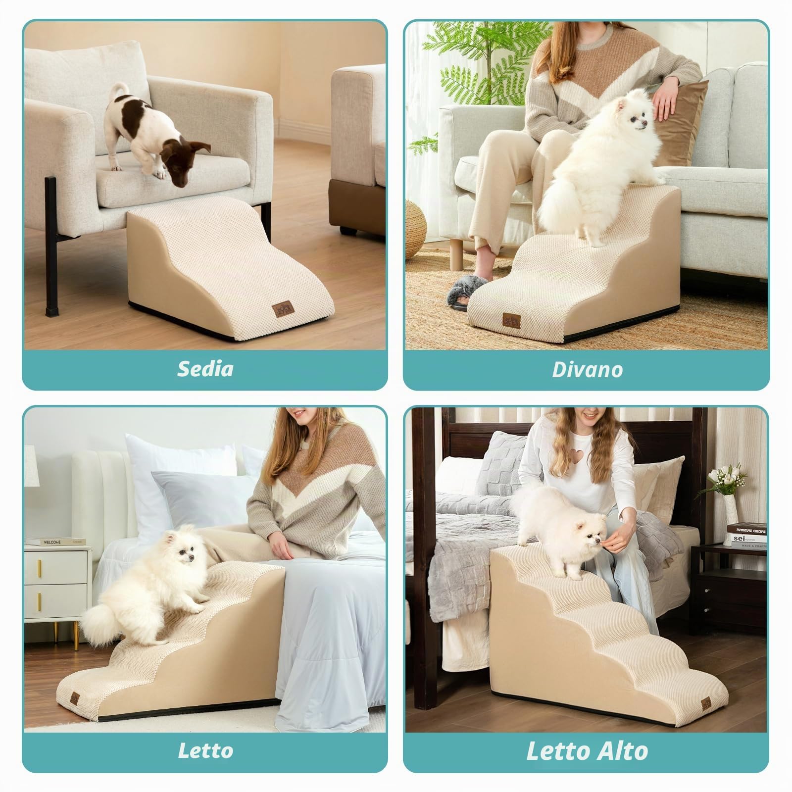 COZY KISS Scale per Cani di Piccola, Scale per Animali per Letto, Divano e Sedia, Rampa per Gatti con Rivestimento Lavabile e Fondo Antiscivolo, Leggera, 40x57x40cm, 3 Gradini, Beige