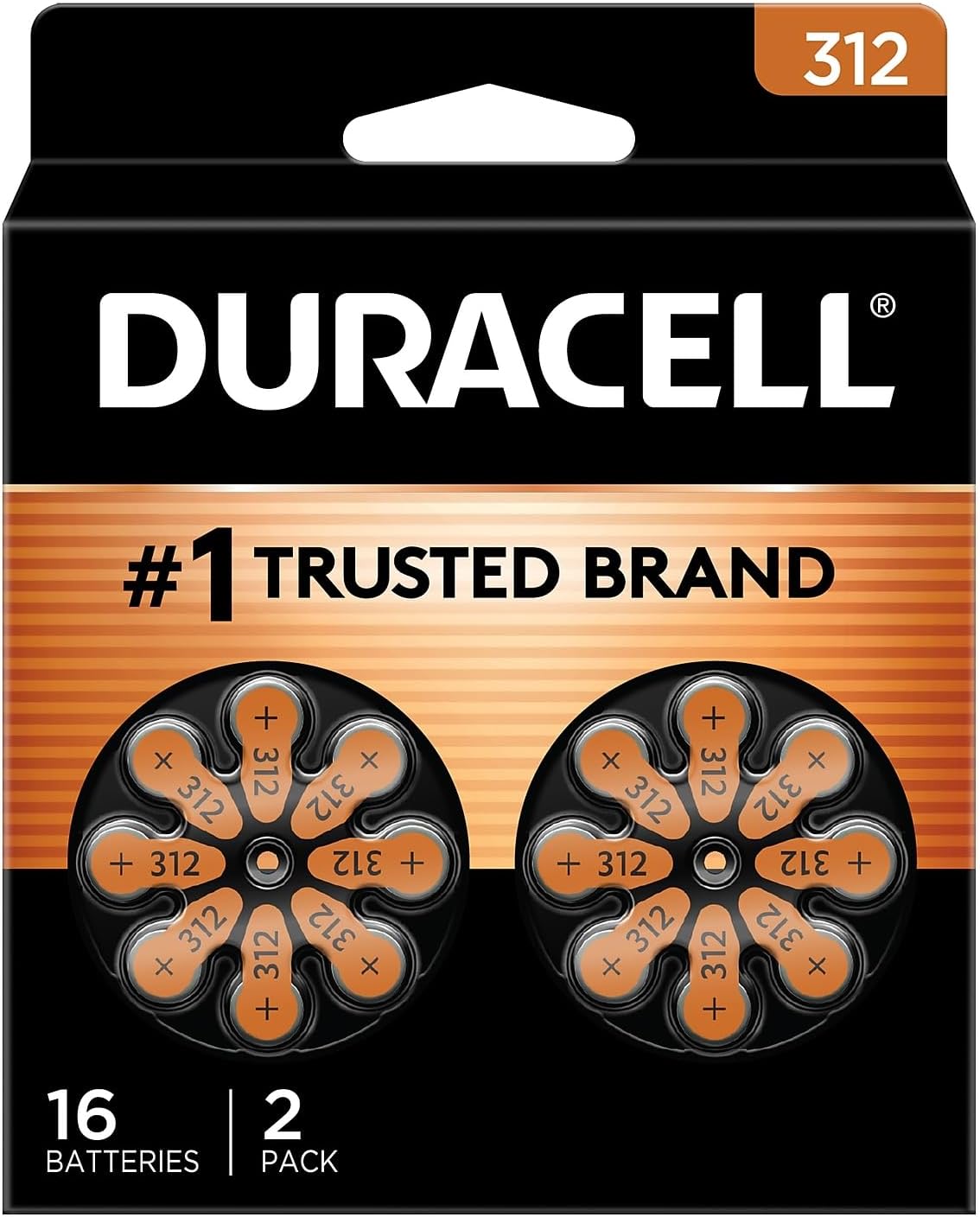 Duracell Hearing Aid Batteries Size 312, Brown, 16 Count (Pack of 1), Long-lasting Power, Extra-long EasyTab Install