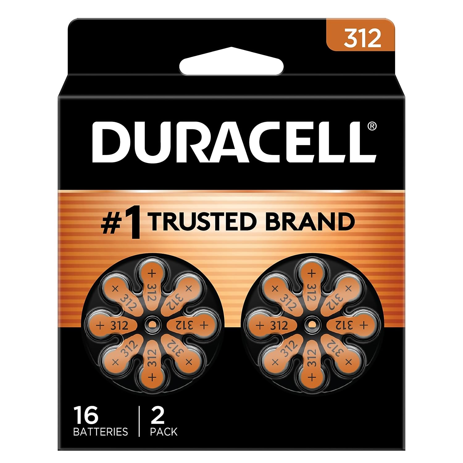 Duracell Hearing Aid Batteries Brown Size 312, 16 Count Pack, 312A Size Hearing Aid Battery with Long-lasting Power, Extra-Long EasyTab Install for Hearing Aid Devices