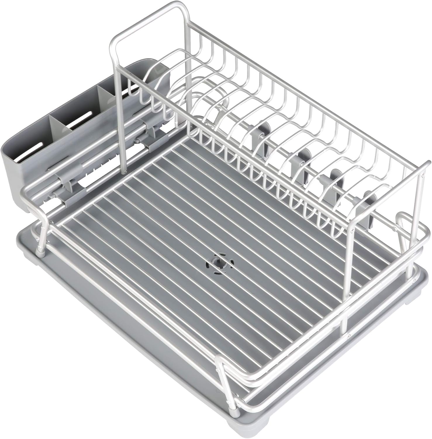 Dish Drying Rack with 360° Swivel Drain Board and Drain Spout,2 Tier Stainless Aluminum Dish Rack for Kitchen Countertop,Cutlery Holder with Removable Plastic Tray,Grey (21.5” x 15” x 11.5”)