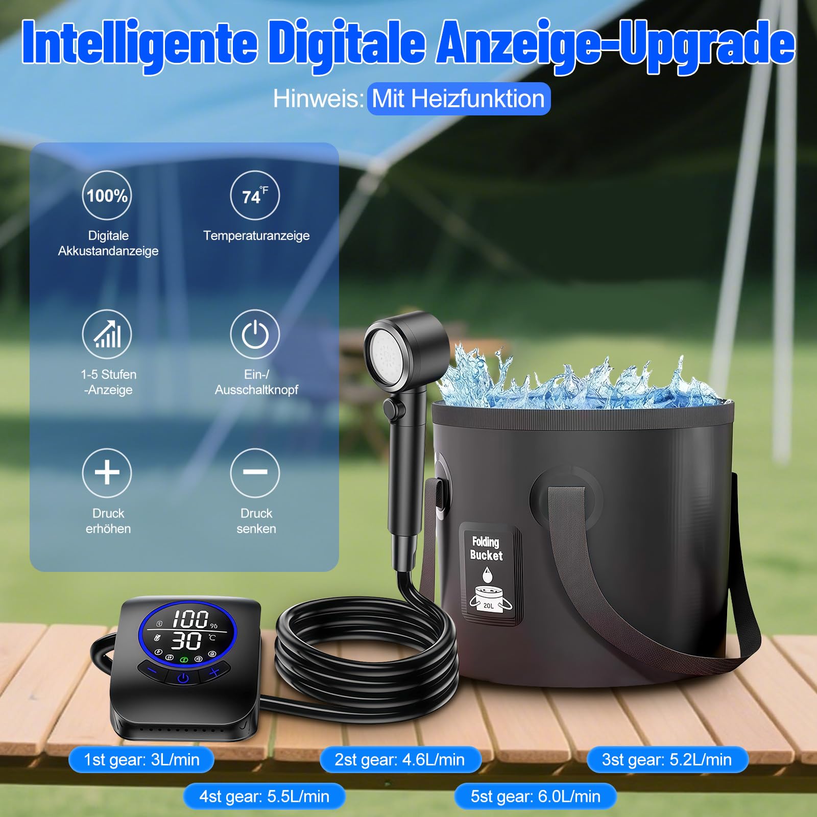 Campingdusche Set mit Heizfunktion, IPX8 Outdoor Dusche 8000mAh Akku-Wasserpumpe mit Smart Display, Duschkopf mit Filter, 2m Schlauch, faltbarer Wasserbehälter, mobile Dusche für Camping & Wohnmobil