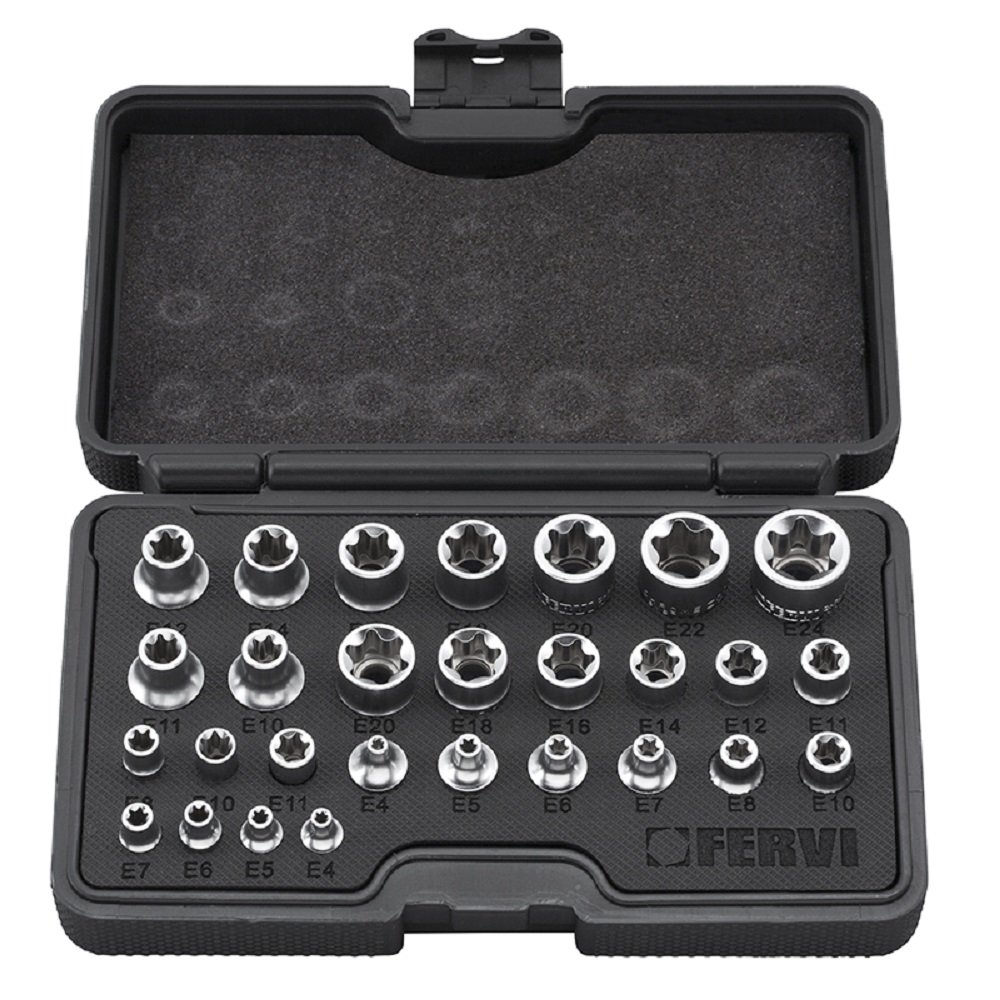 SERIE 28 Pz CHIAVI A BUSSOLA TORX, ADATTE PER BULLONI TORX CHROME - VANADIUM FERVI 0195