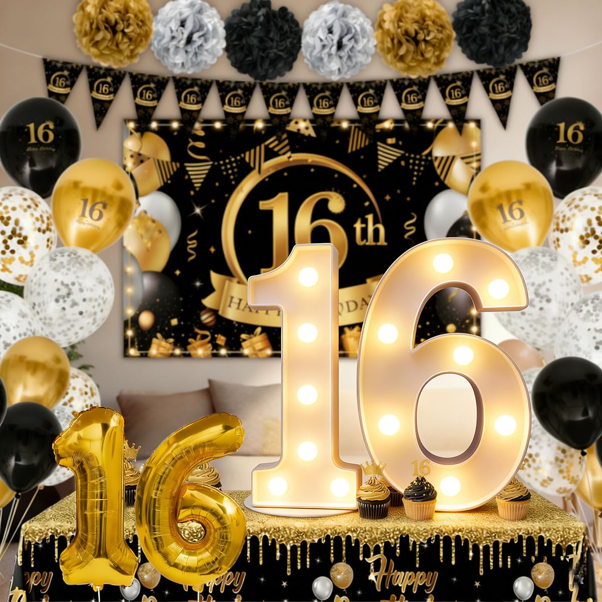 16th Birthday Decoration Boy Girl, Black Gold Balloons, Banner, Triangle Bunting, Cake Topper, Happy 16th Bday Decorations Banners Tablecover, 16 Year Old Bday Gifts Party Supplies