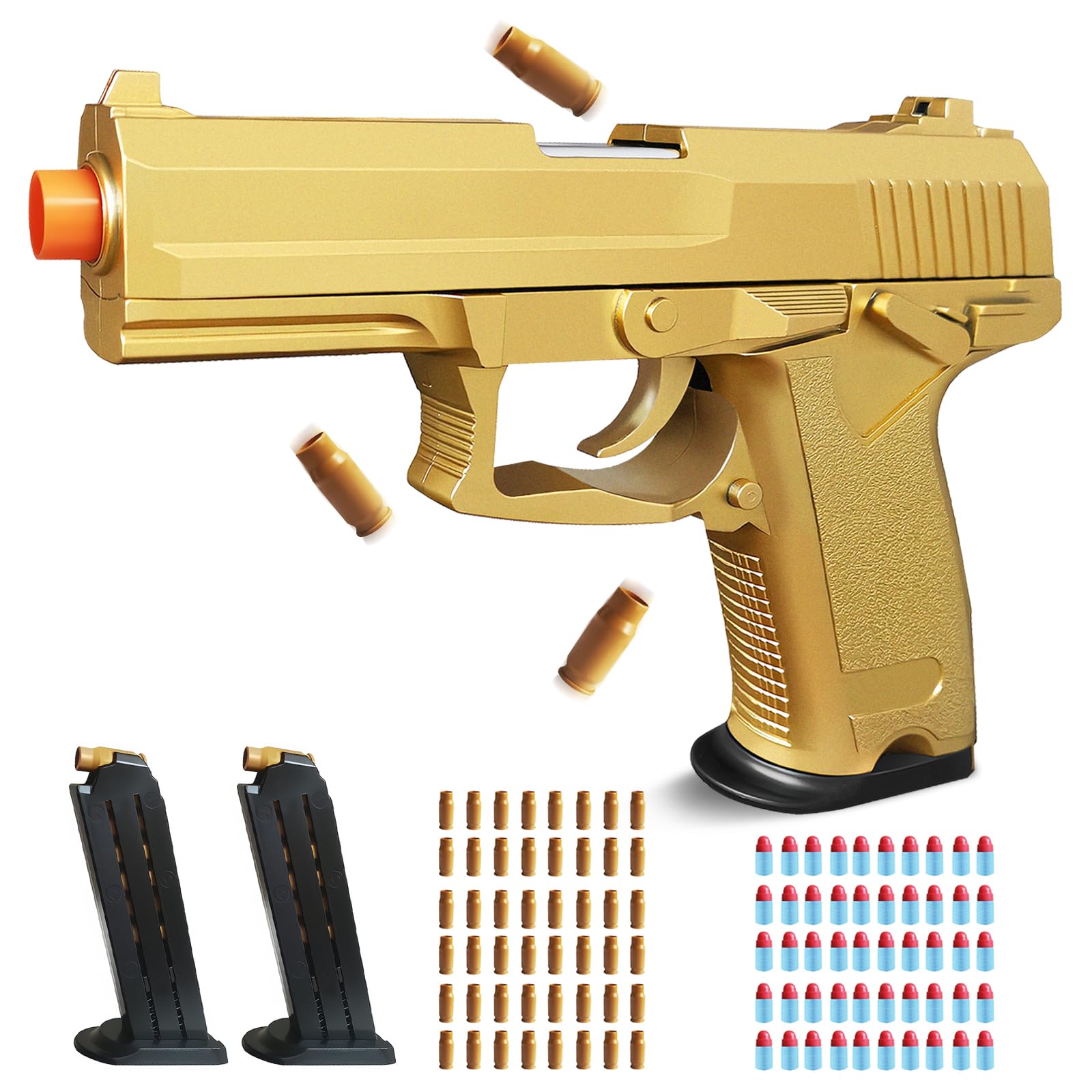 Gold Soft Bullet Toy Gun Shell Ejecting for Age 8, 9, 10, 11, 12+ Years Old Boys, Realistic Toy Pistol with 50 Foam Bullets, 48 Shells & 2 Clips, Ideal Christmas Birthday Gift for Kids Adults