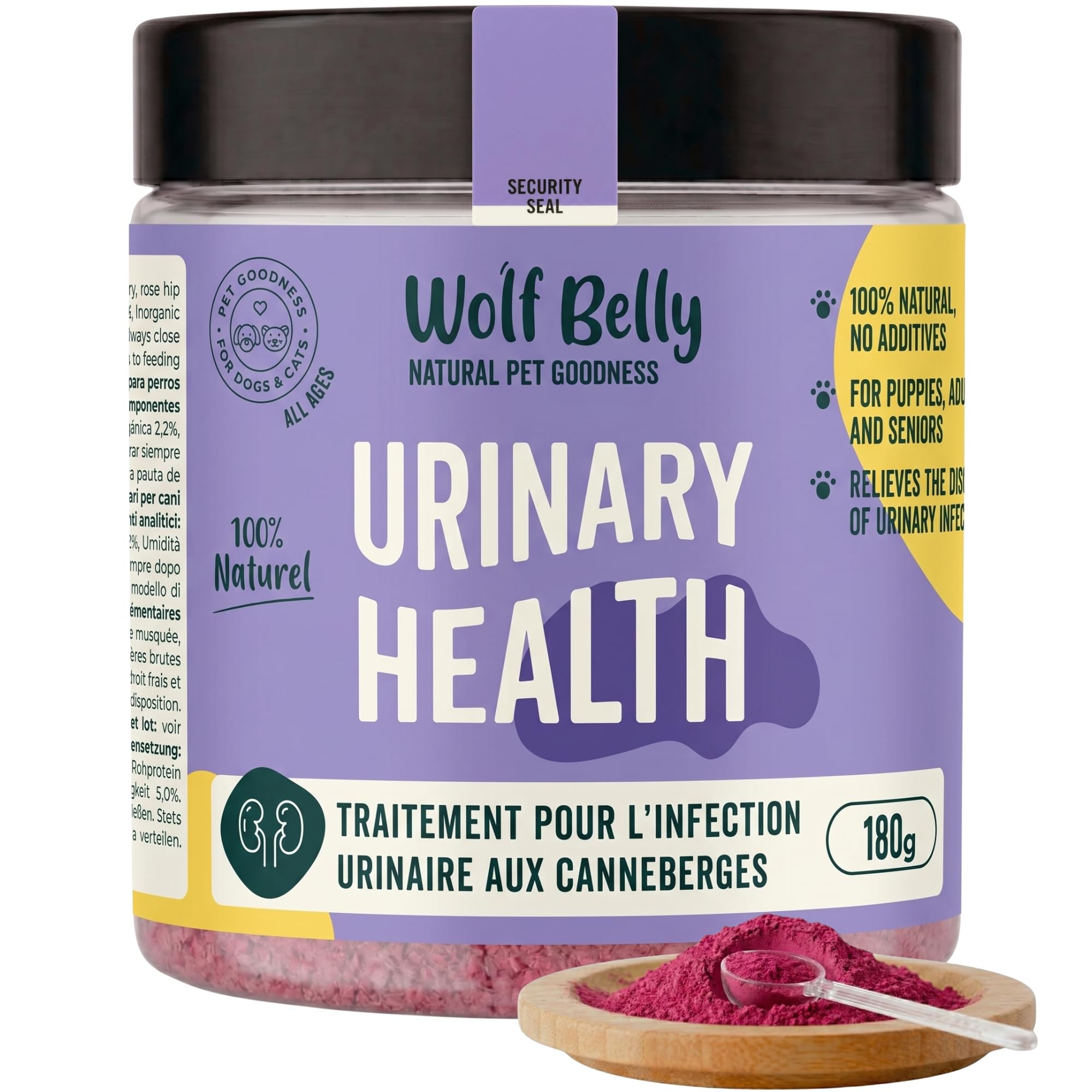 Wolf Belly - Traitement Infection Urinaire Chat et Chien 100% Naturel (180 g) Cystite Chat Médicament | Canneberge Poudre Riche en Vitamine C | Santé Reins pour Seniors et Chats - Fabriqué en Europe