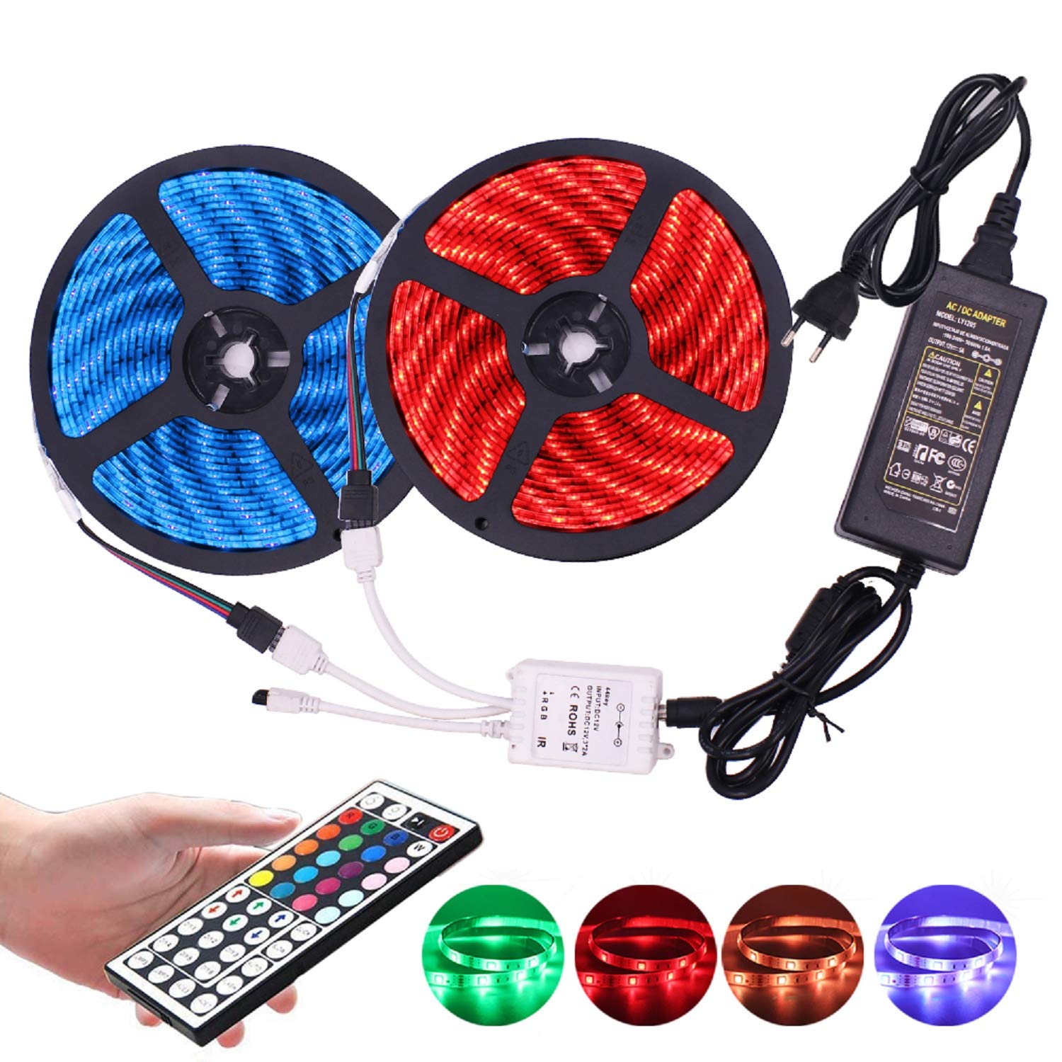 XUNATA 12V Tiras LED RGB 5050 SMD Para TV Tira de Luces LED Kit Completo con control remoto de 44 teclas- (20m 1200 LEDs) No impermeable