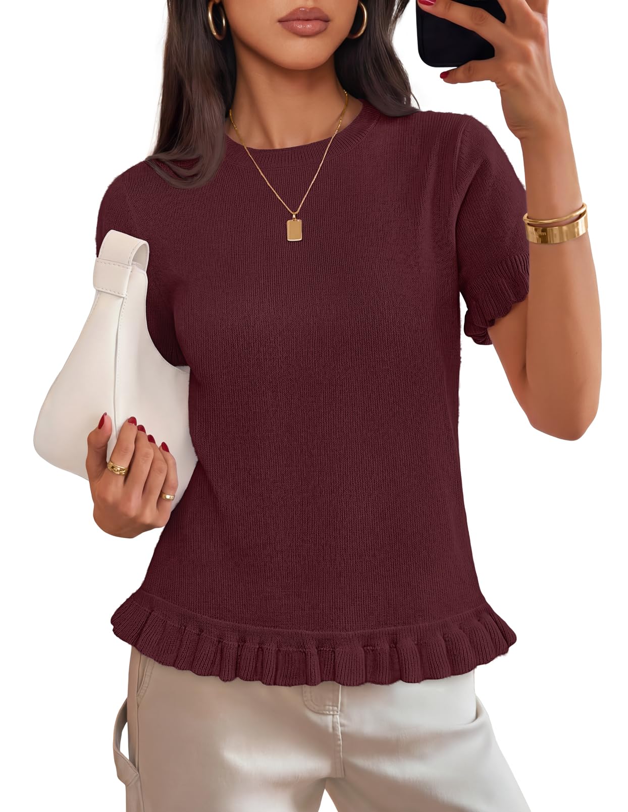 merokeety Ruffle Sleeve Business Casual Knit Tops for Women 2026 Cute Summer Short Sleeve Sweater Tops Trendy Fashion Clothes-picture-22