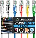 CableGeeker Cat6A Ethernet Patch Cable 0.5ft 6Pack 6-Color,High-Speed 10Gpbs, 550MHz Slim Patch Cables, 28AWG Flexiable Network Cord with Gold Plated, Snagless Internet Cord for Patch Panel