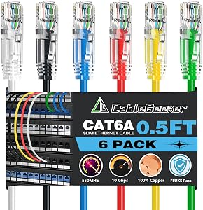 CableGeeker Cat6A Ethernet Patch Cable 0.5ft 6Pack 6-Color,High-Speed 10Gpbs, 550MHz Slim Patch Cables, 28AWG Flexiable Network Cord with Gold Plated, Snagless Internet Cord for Patch Panel