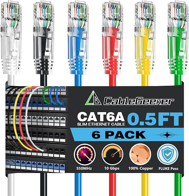 CableGeeker Cat6A Ethernet Patch Cable 0.5ft 6Pack 6-Color,High-Speed 10Gpbs, 550MHz Slim Patch Cables, 28AWG Flexiable Network Cord with Gold Plated, Snagless Internet Cord for Patch Panel