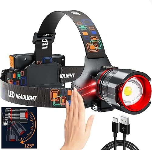 UVER Lámpara de cabeza LED recargable súper brillante, lámpara LED recargable por USB. 12 modos, IPX7 impermeable, ajustable a 125, faro con zoom