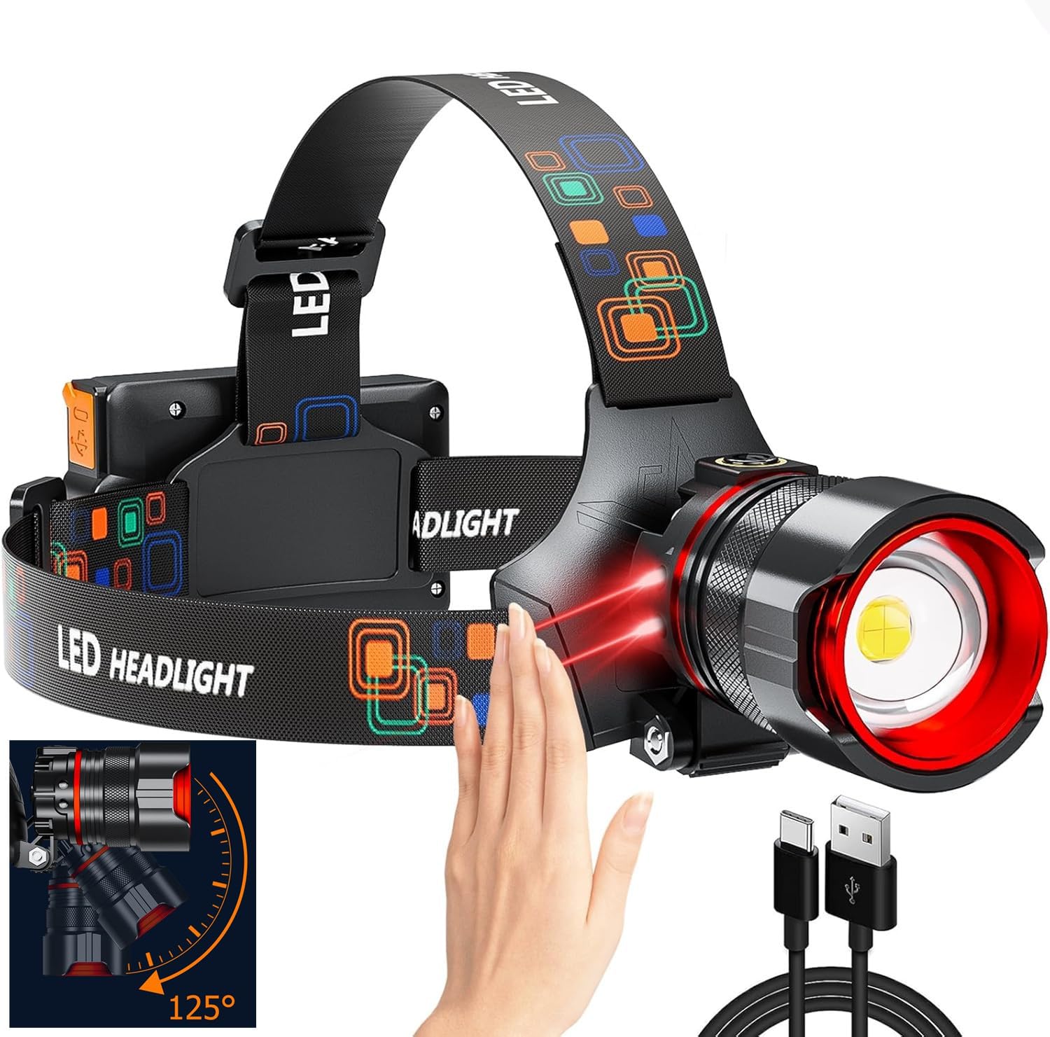 Rechargeable Headlamp 90000 High Lumens, Super Bright LED Head Lamp with Motion Sensor, 12 Modes, IPX7 Waterproof, 125° Adjustable,18+Hrs Runtime for