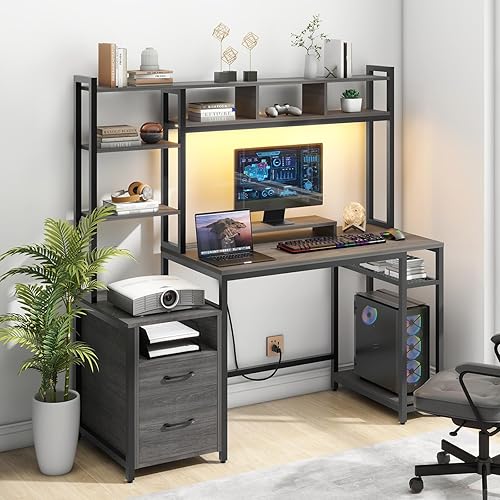 Miniatura 2 de Escritorio para computadora con estantes de almacenamiento y 2 cajones, escritorio de juegos de 59 pulgadas con luces LED y tomas de corriente,