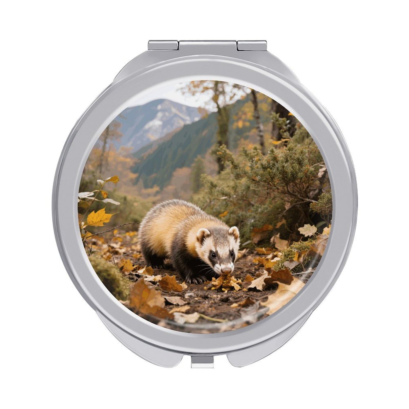 VstaDank Ferret - Badger Travel Makeup Mirror 2 X /1 X Magnifying Mini Vintage Pocket Mirror for Purse Small Portable Folding Small Round Mirrors Portable Vanity Mirrors for Women