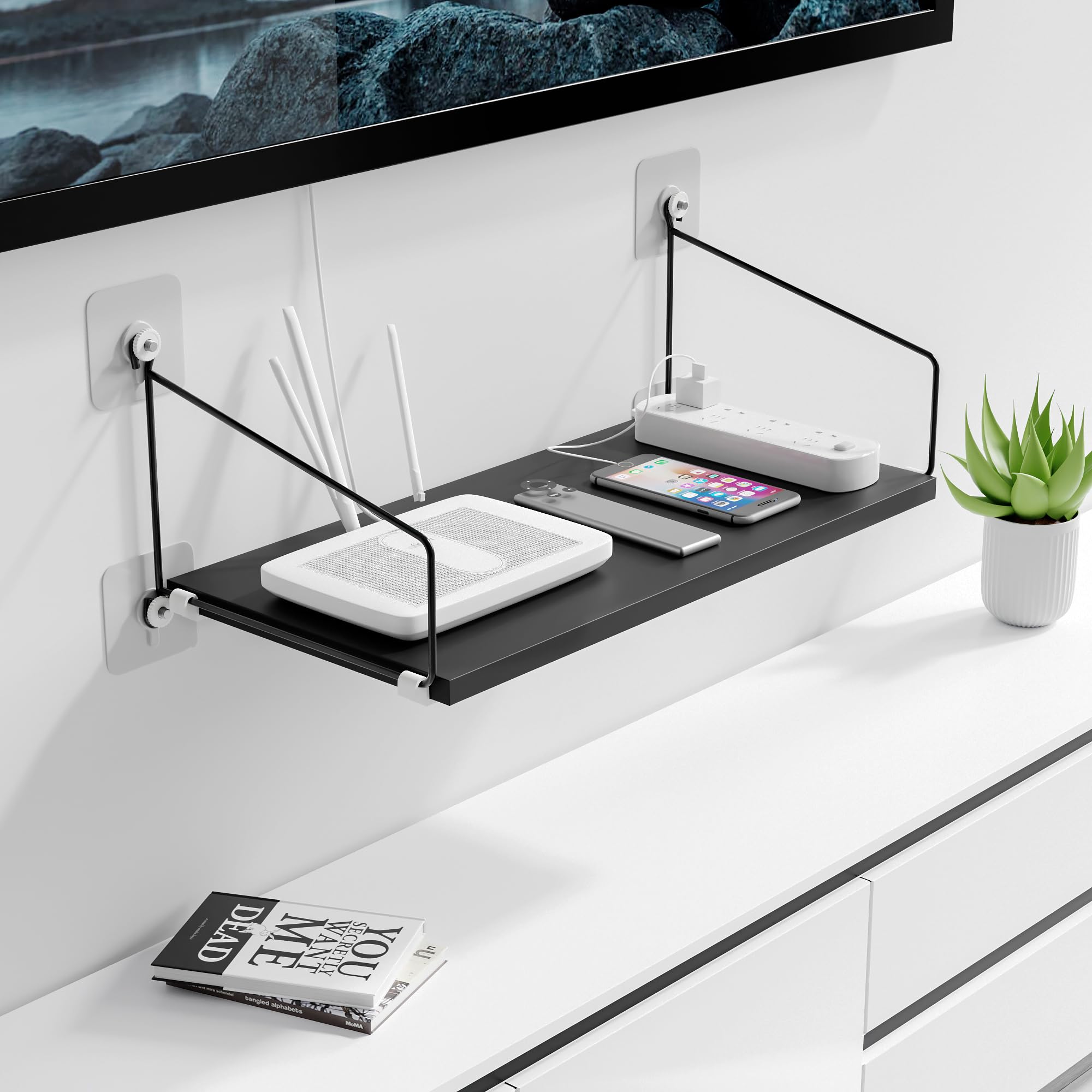 AIYOTAR 40x20cm Wooden Floating Shelf for Projector/WiFi Router/Game Consoles/Cable Box/DVD No Drill, Shelves for Wall Storage, Wall Mount Floating