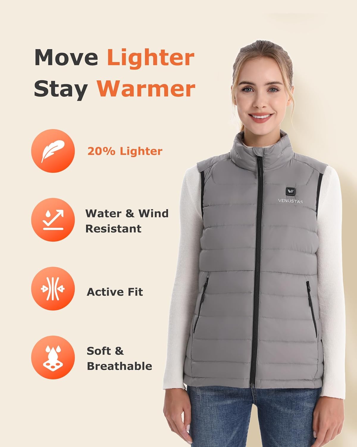 Venustas Lightweight Women's Heated Down Vest with Battery, Recycled Electric Heating Puffer Vest with 90% Down - Image 3