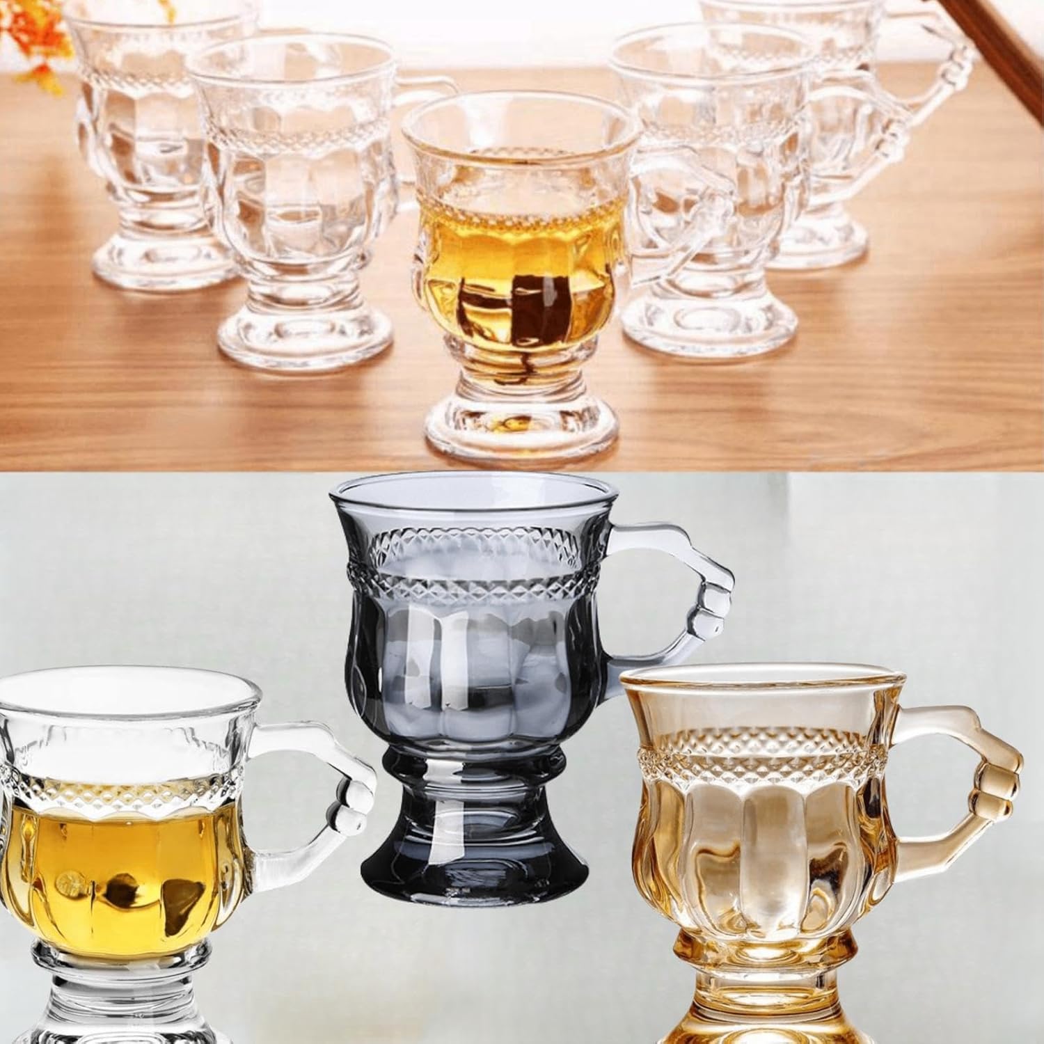 Vintage Irish Coffee Mugs, Crystal Clear Irish Coffee Glass with Handle, Small Footed Stem Base, Heat Resistant, Heavy Duty Cups for Hot Chocolate, Tea, Coffee, 4pcs gray