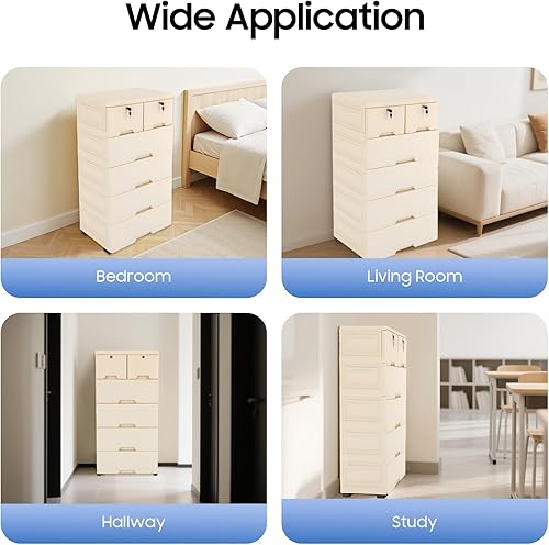 Miniatura 7 de Cómoda de cajones de plástico, armario de almacenamiento con 6 cajones, organizador alto para ropa, sala de juegos, muebles de dormitorio, 5 ruedas,