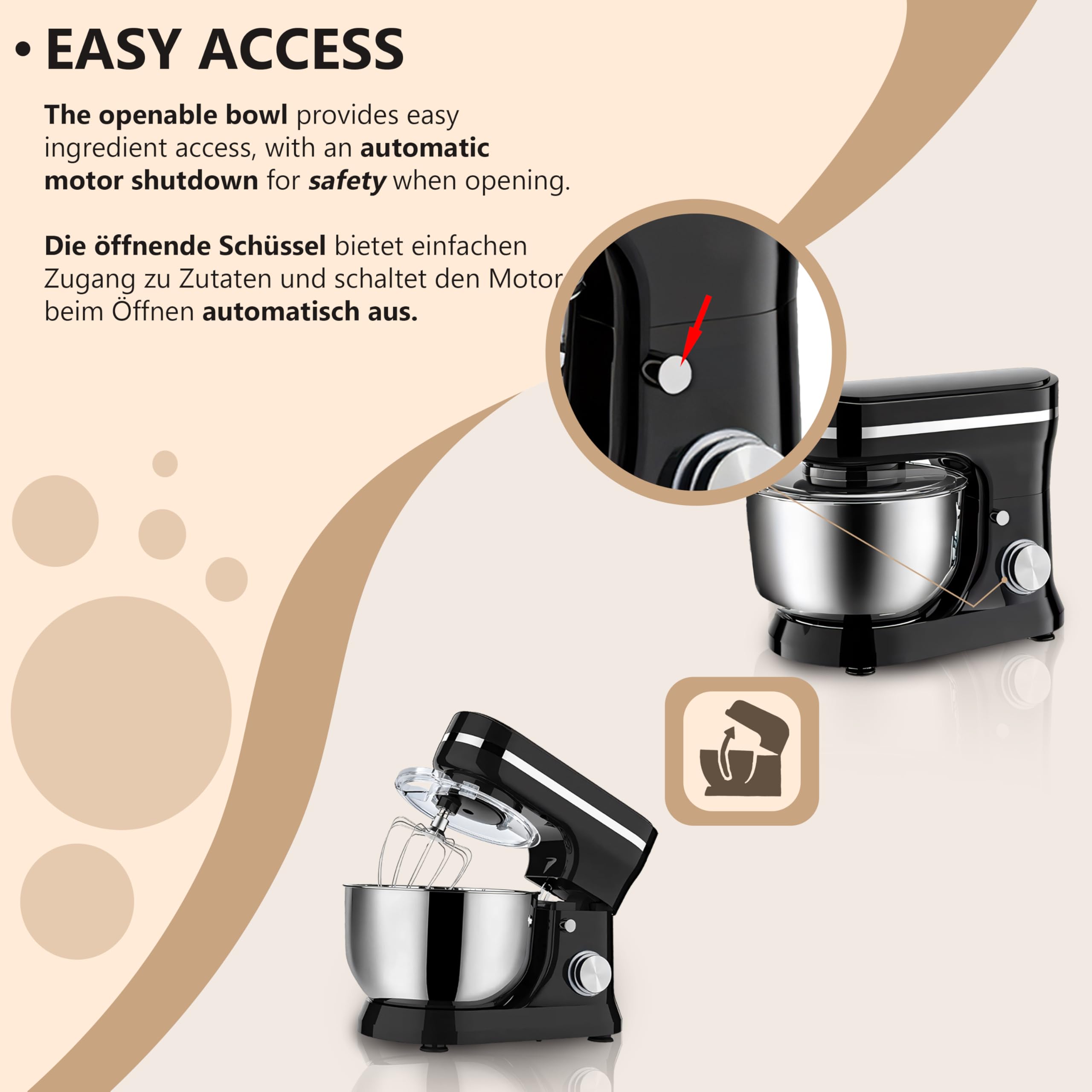 Retoo Robot da cucina 3 in 1 1500 W Large Stainless Steel Bowl 6L Meat Grinder Kneading Machine Multifunctional 6 speed settings 3 Mixing Tools Includes Splash Guard Lid Dough Hook and Whisk Versatile