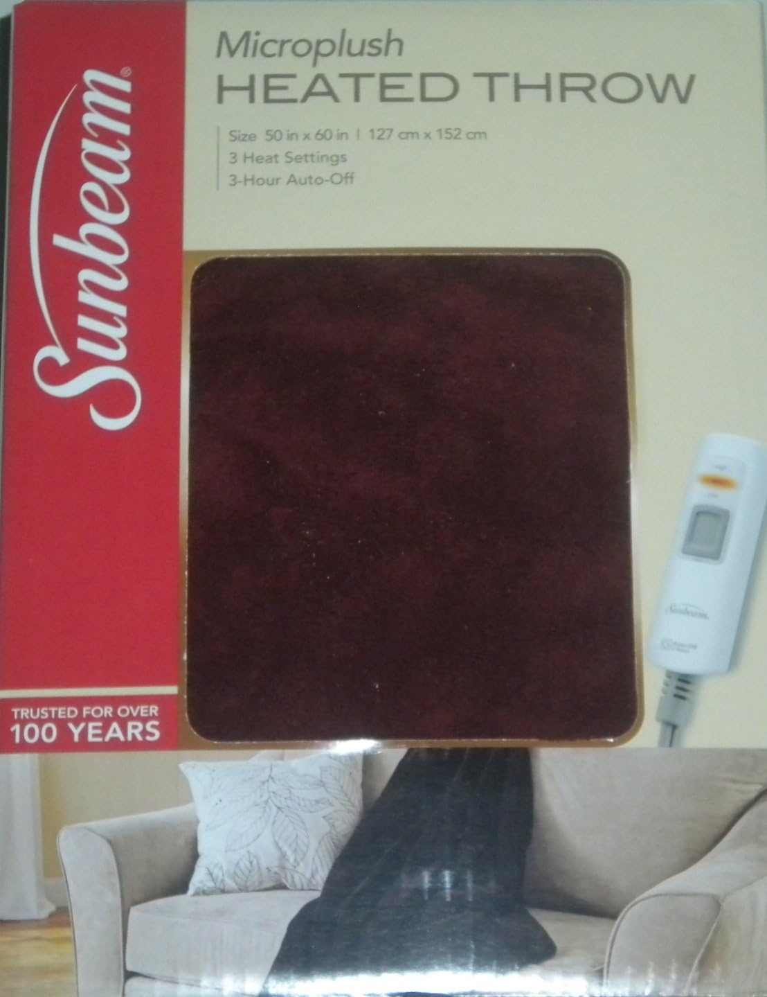 Sunbeam Electric Heated Queen Blanket Velvet Plush Washable