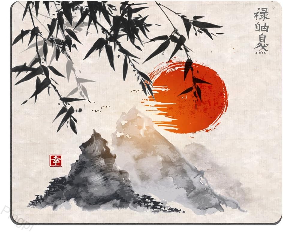 Pingpi Gaming Mouse Pad Custom,Japanese Bamboo Trees Sun and Mountains Mouse Pad 9.5 X 7.9 inches