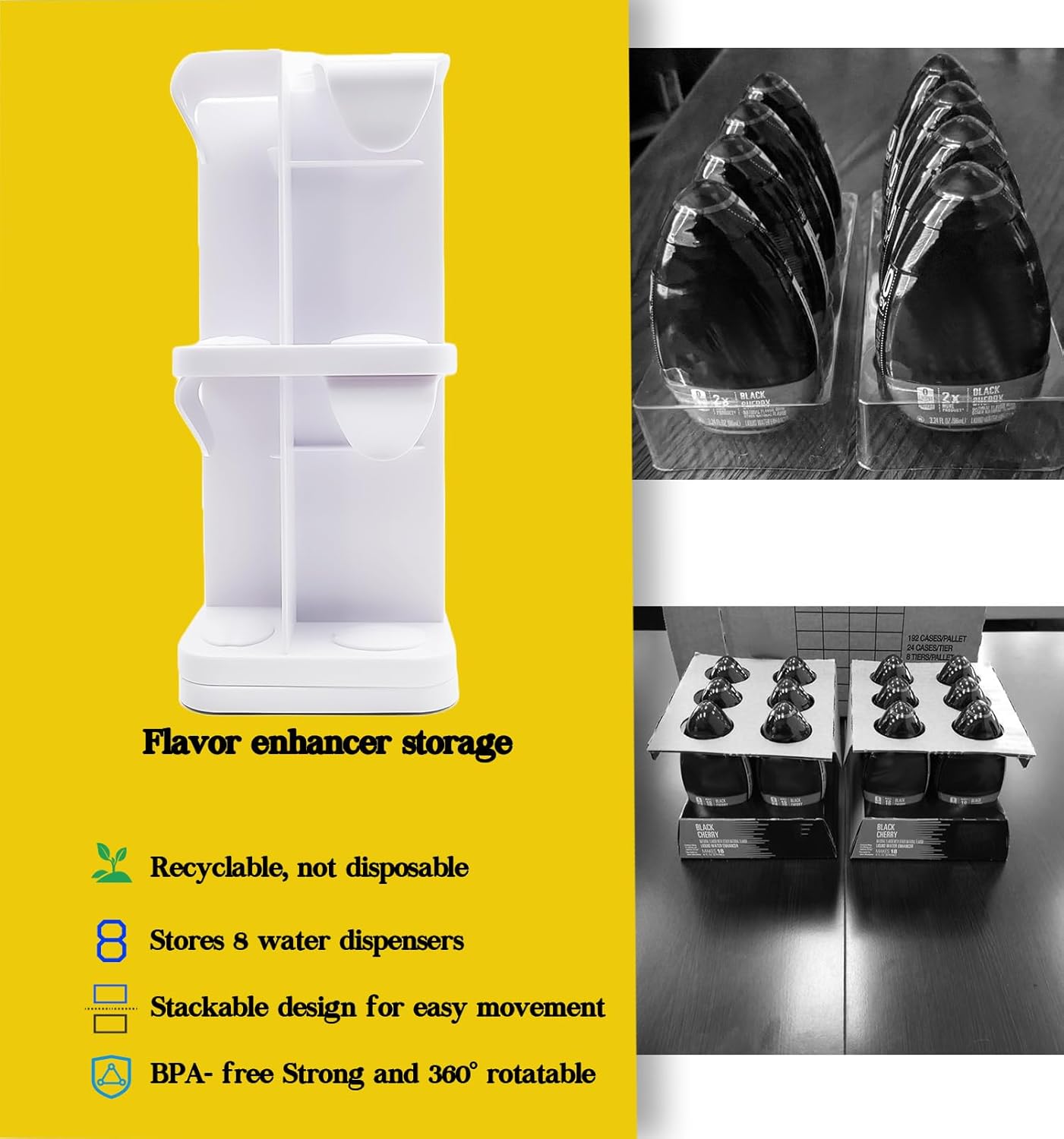 Organizer for Mio/KoolAid Liquid Water Enhancer - 2-Tier Spinning Holder for 8 Liquid Water Enhancers (Fits 3.24oz & 1.62oz), Stackable ABS Storage, Space-Saving Countertop Dispenser (White)