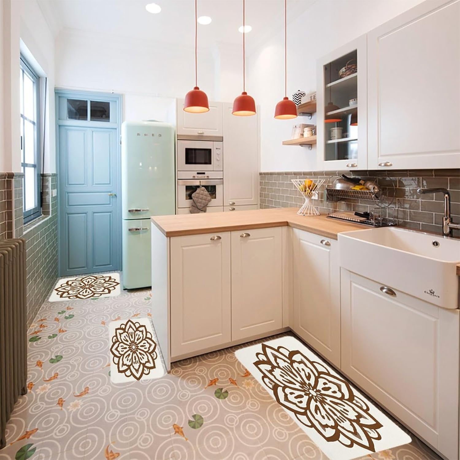 Brown Outline Flower Kitchen Mats for Floor 3PCS Waterproof Low-Profile Kitchen Rugs Floor Mat Non Slip Anti Fatigue Mats Comfort Standing Mat Runner Rug Area Rug 6"x24"+20"x31"+17"x47"