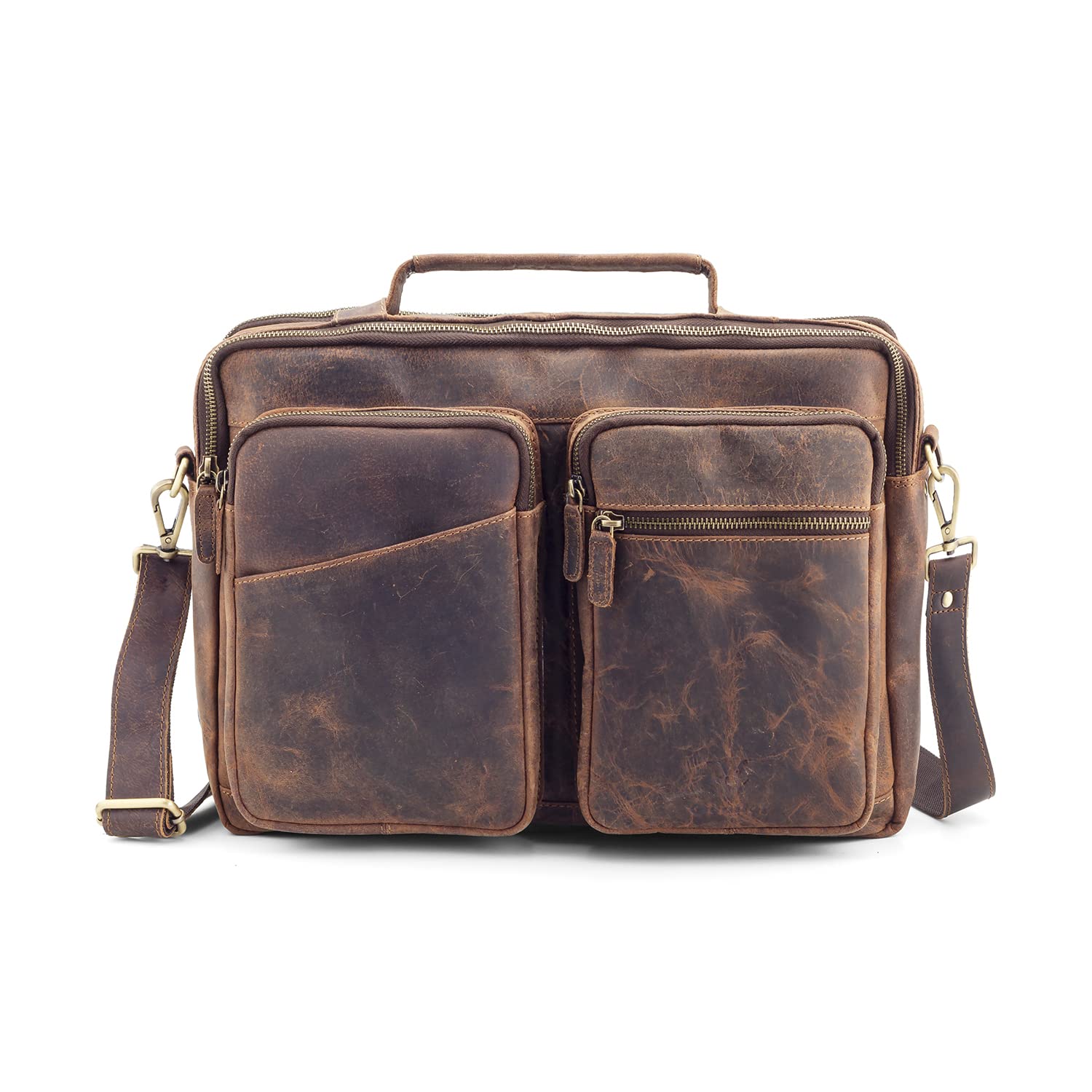 Goatter Hunter Leather 15" Inch Laptop Briefcase Bag, (Dark Brown)