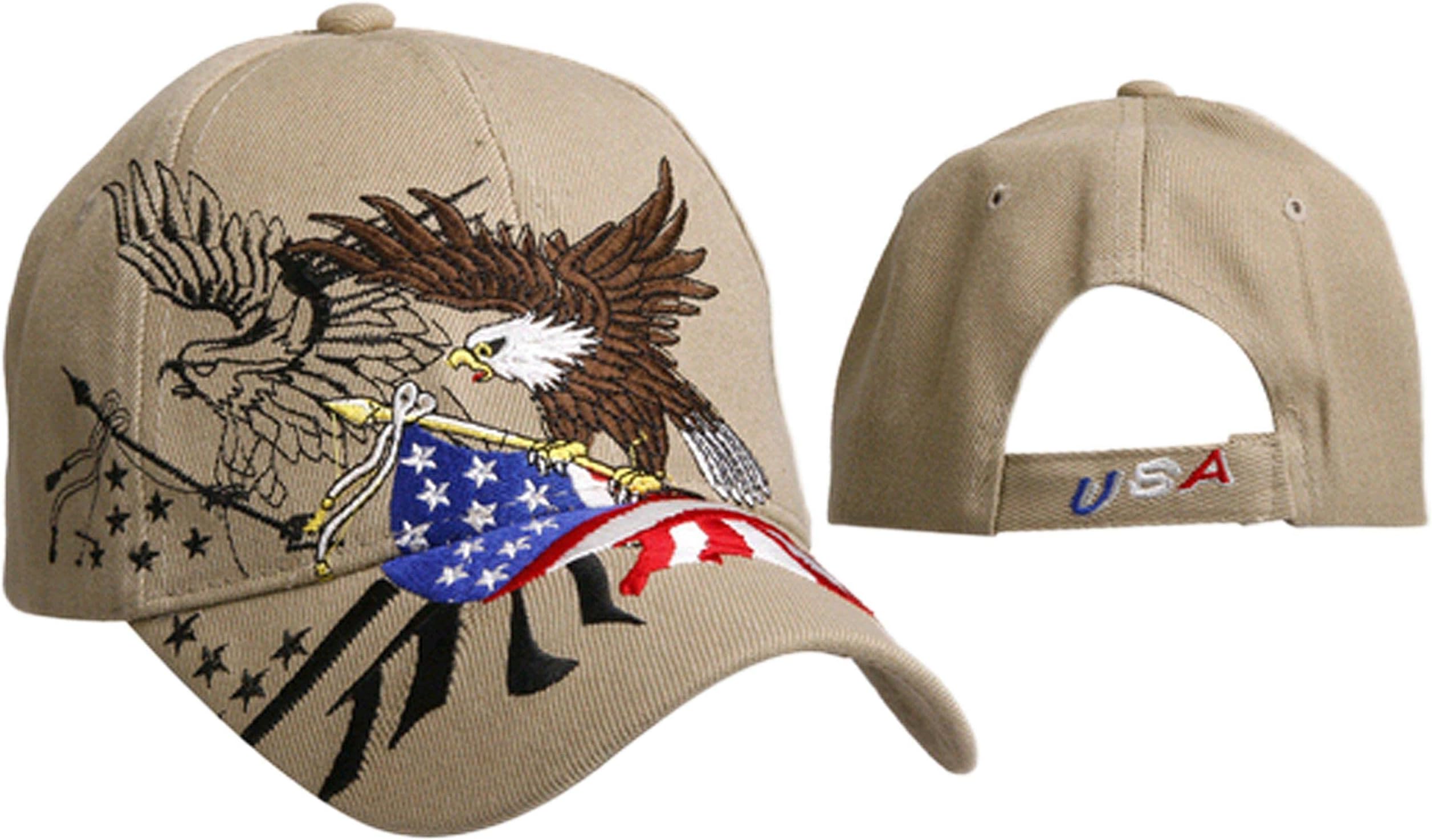 Patriotic American Bald Eagle USA Tan Baseball Cap Khaki Beige with Black Hat American Flag Colors Red, White and Blue, Patriotic, Breathable One Size to Fit Men, Women and Teens, America, USA