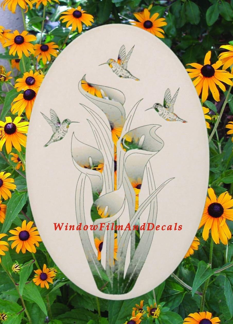 Lily & Hummingbirds Oval Etched Window Decal Vinyl Glass Cling - 21" x 33" - White with Clear Design Elements