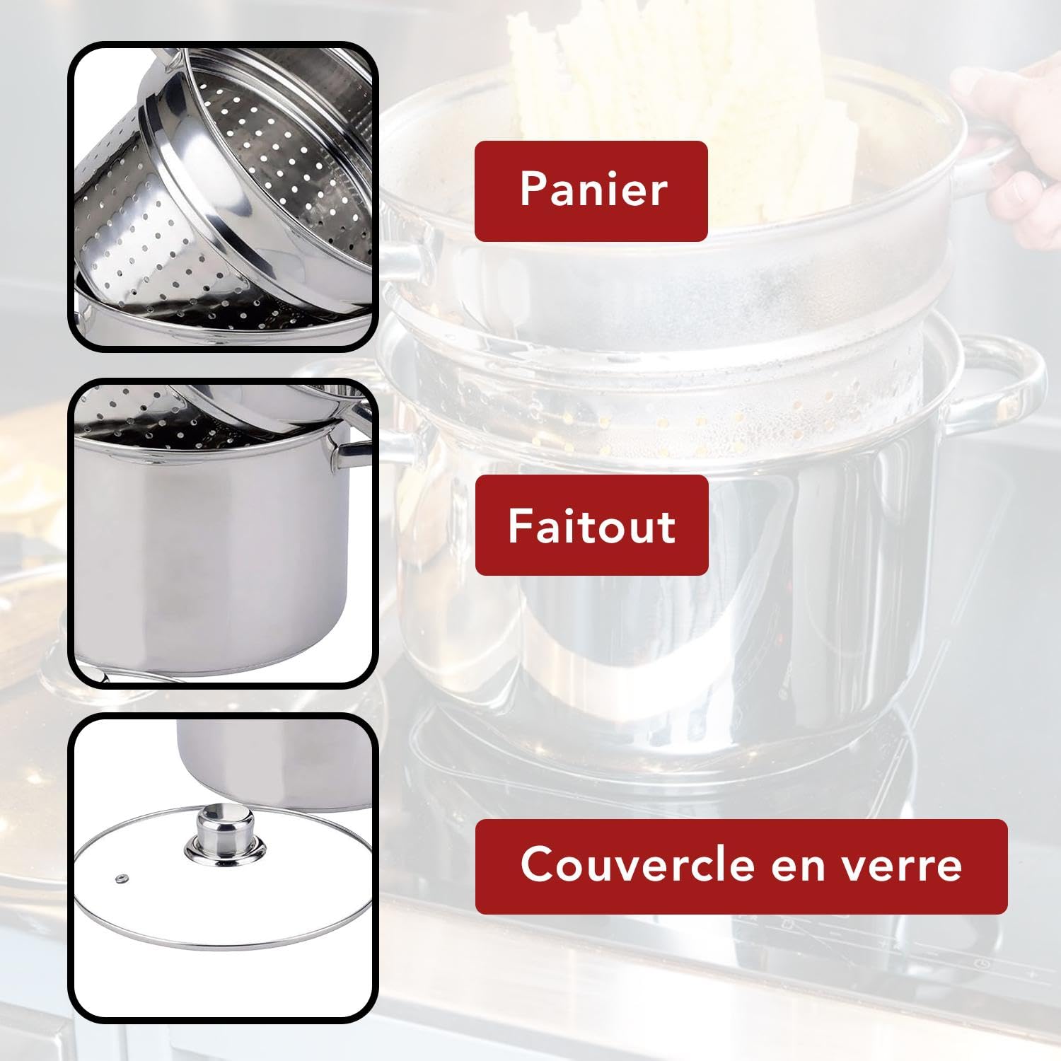 BAUMALU - Cuiseur à Pâtes - Acier Inoxydable - Tous Feux dont Induction - Triple Fond Diffuseur, Répartition Homogène de la Chaleur - Couvercle en Verre avec Bords Inox et Trou Vapeur - Ø24cm
