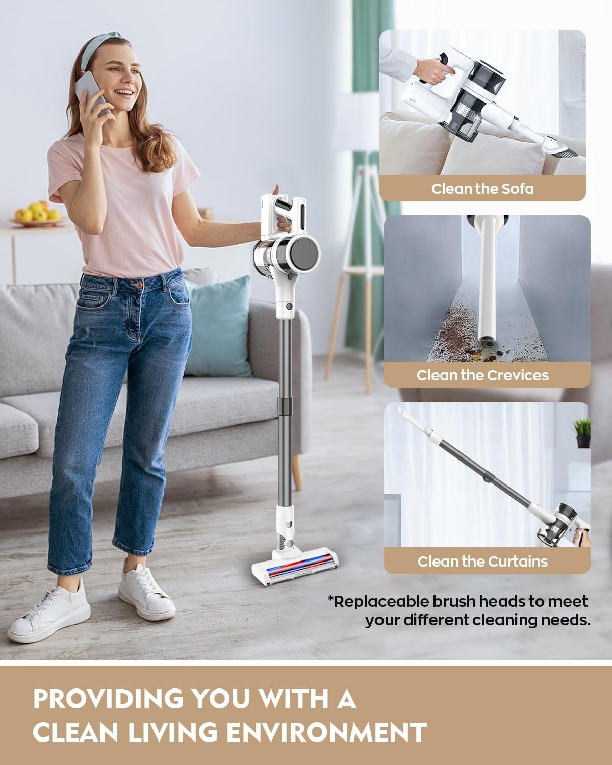Cordless Vacuums, 80,000PRM Powerful Motor Vacuum Cleaner and 2200mAH Rechargeable Battery up to 35 Mins Worktime, 2 Adjustable Modes, Detachable Parts, Wireless Stick Vacuum (Onion White) - Image 5