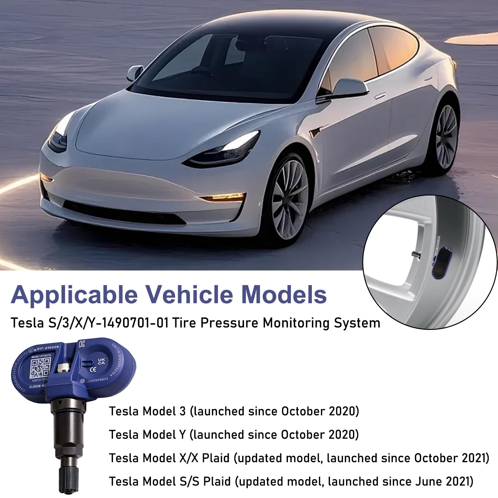 Sensor de presión de neumáticos Bluetooth TPMS para Tesla, TPMS sistema de control de presión de neumáticos compatible con el modelo 3 X Y, sensor de repuesto, fácil instalación (1 unidad)