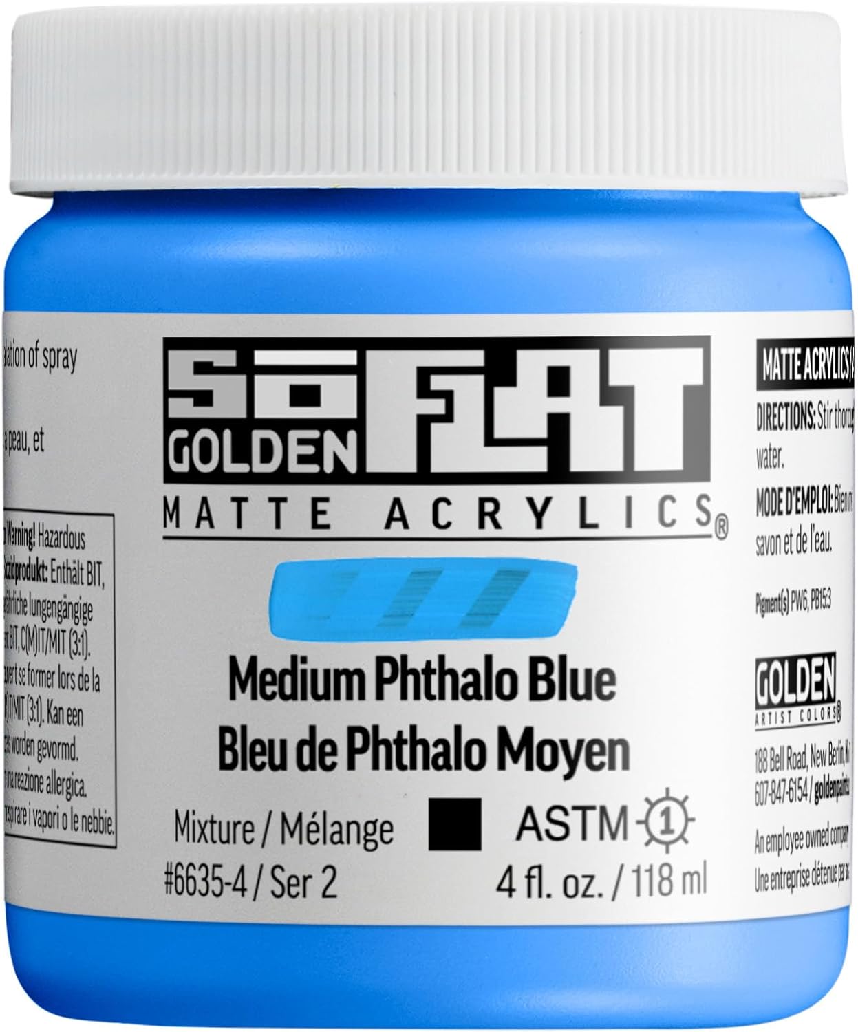 GOLDEN SoFlat Matte Acrylics, Medium Phthalo Blue, 4 fl. oz. Jar, Professional Acrylic Paint, Opaque