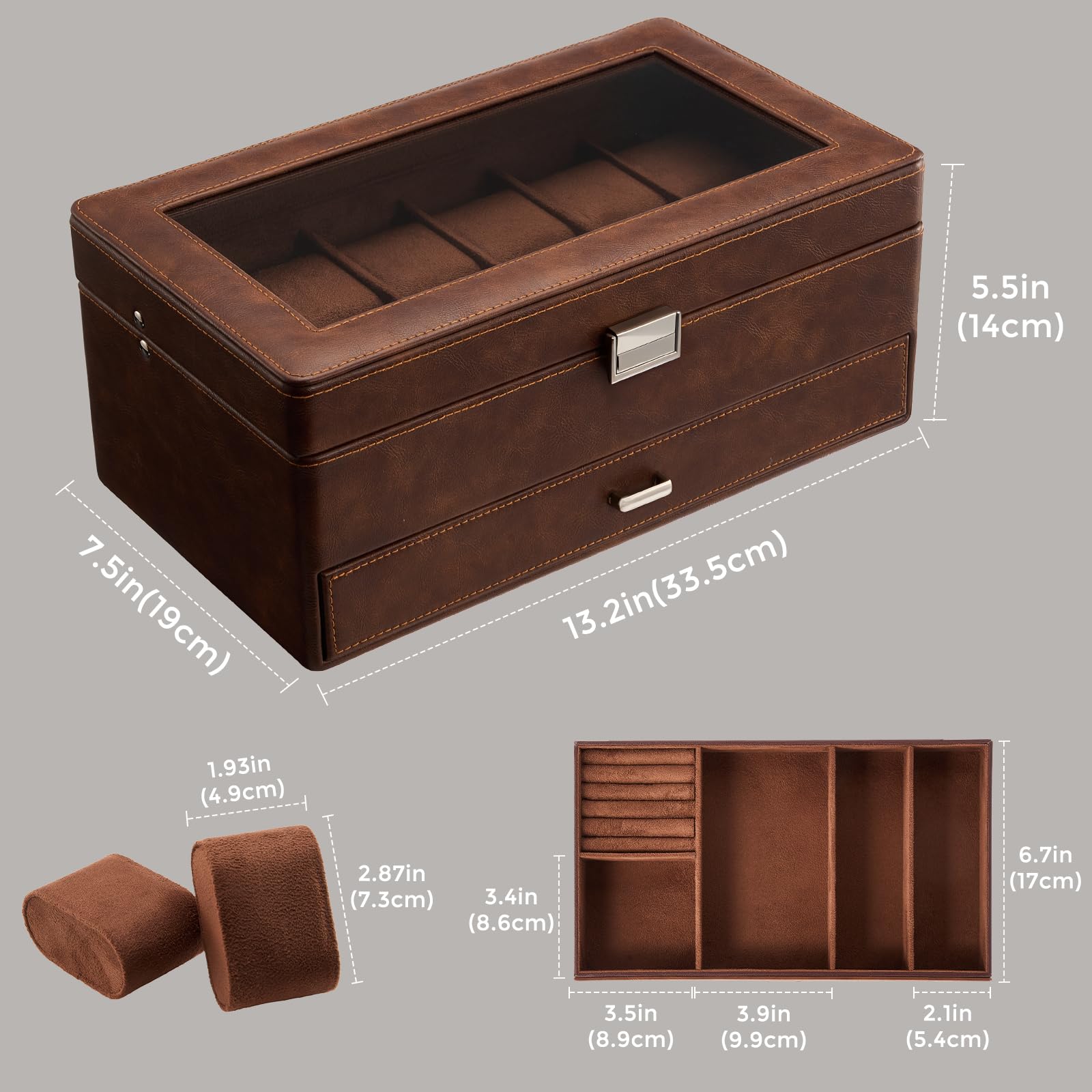 ProCase 12 Slot Uhrenbox für Herren，Uhrenkasten mit Schublade, Men’s Watch Box, Uhrenaufbewahrung Uhrenkoffer Uhrenschatulle - Braun