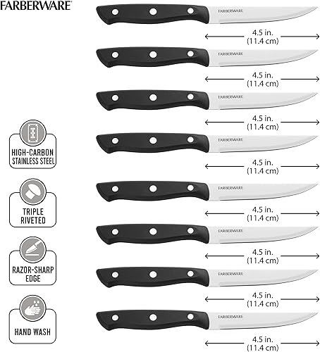 Miniatura 2 de Farberware Full-Tang - Juego de 8 cuchillos para carne con triple remache, acero inoxidable de alto carbono, cuchillos afilados con mango