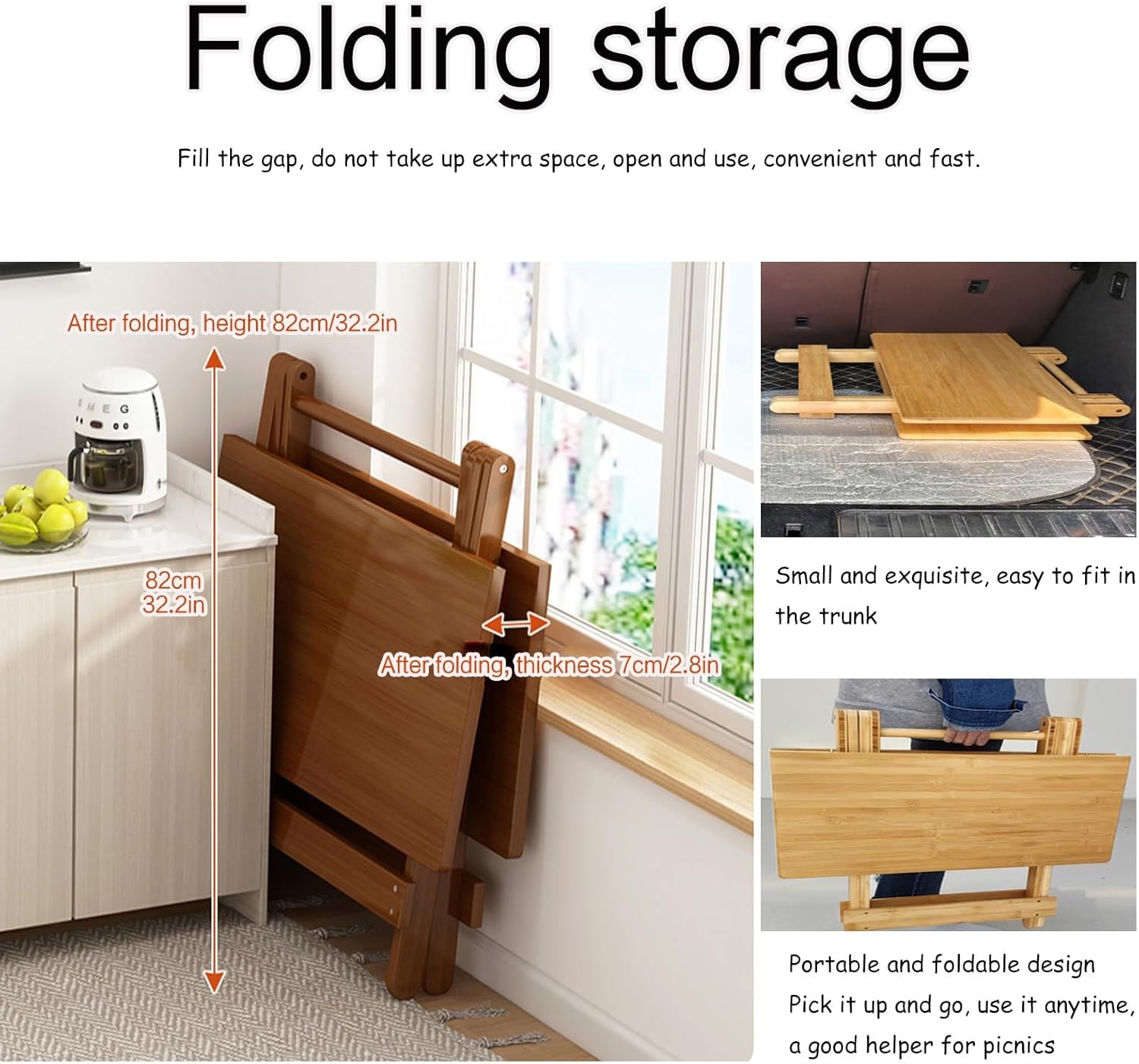 Square Bamboo Drop Leaf Dining Table - Foldable Card Table for 2-4 People, Low Coffee Table for Floor Sitting or Garden Bar - Modern Compact Design