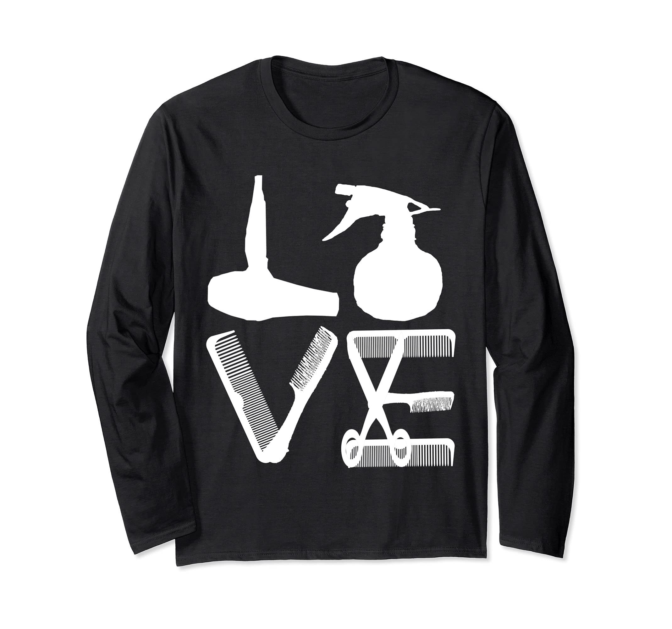 Hairdresser Love Hairdryer Scissors Barber Hair Brush Long Sleeve T-Shirt, Black