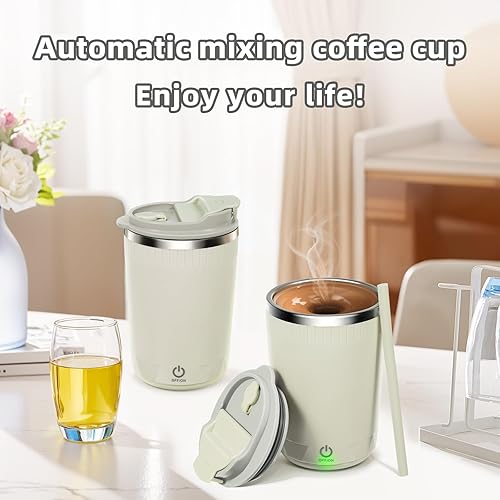Vista 7 de Taza de café autoagitable: taza magnética de 13 onzas con tapa, taza mezcladora eléctrica de acero inoxidable recargable con popote de silicona