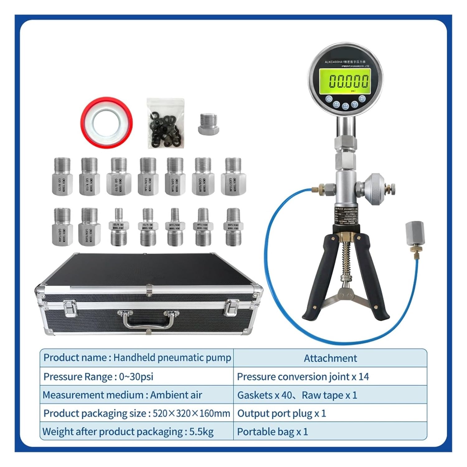 Marine Pressure Calibrator, Pneumatic Pump ALKC400HA1 Digital Display Meter, Calibration Adapter 0~30psi