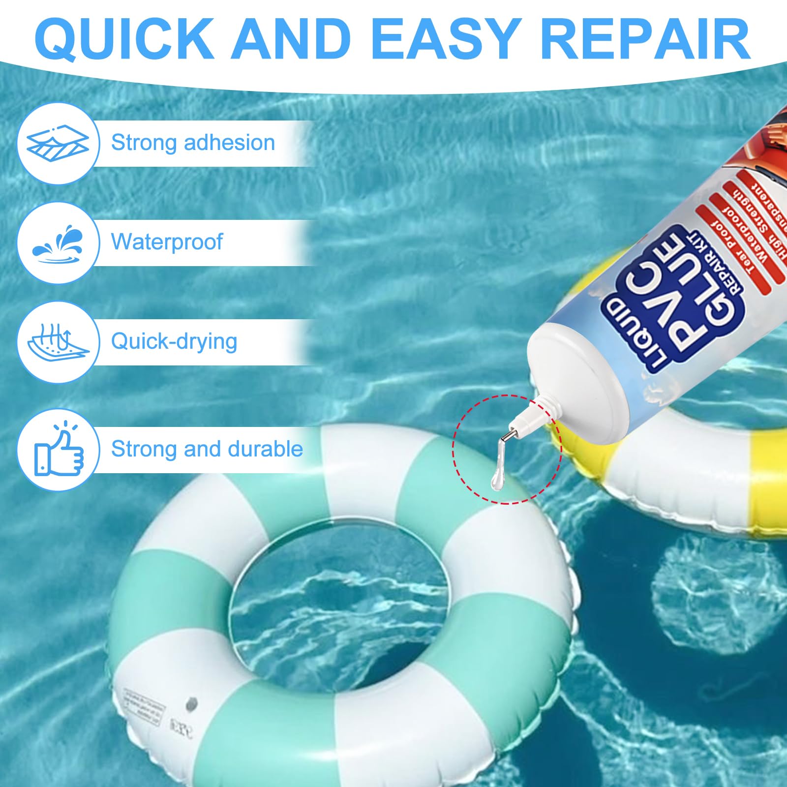 Kit de Réparation Piscine 100ML, Rustine Imperméable avec 15 Patchs & Accessoires, Colle PVC