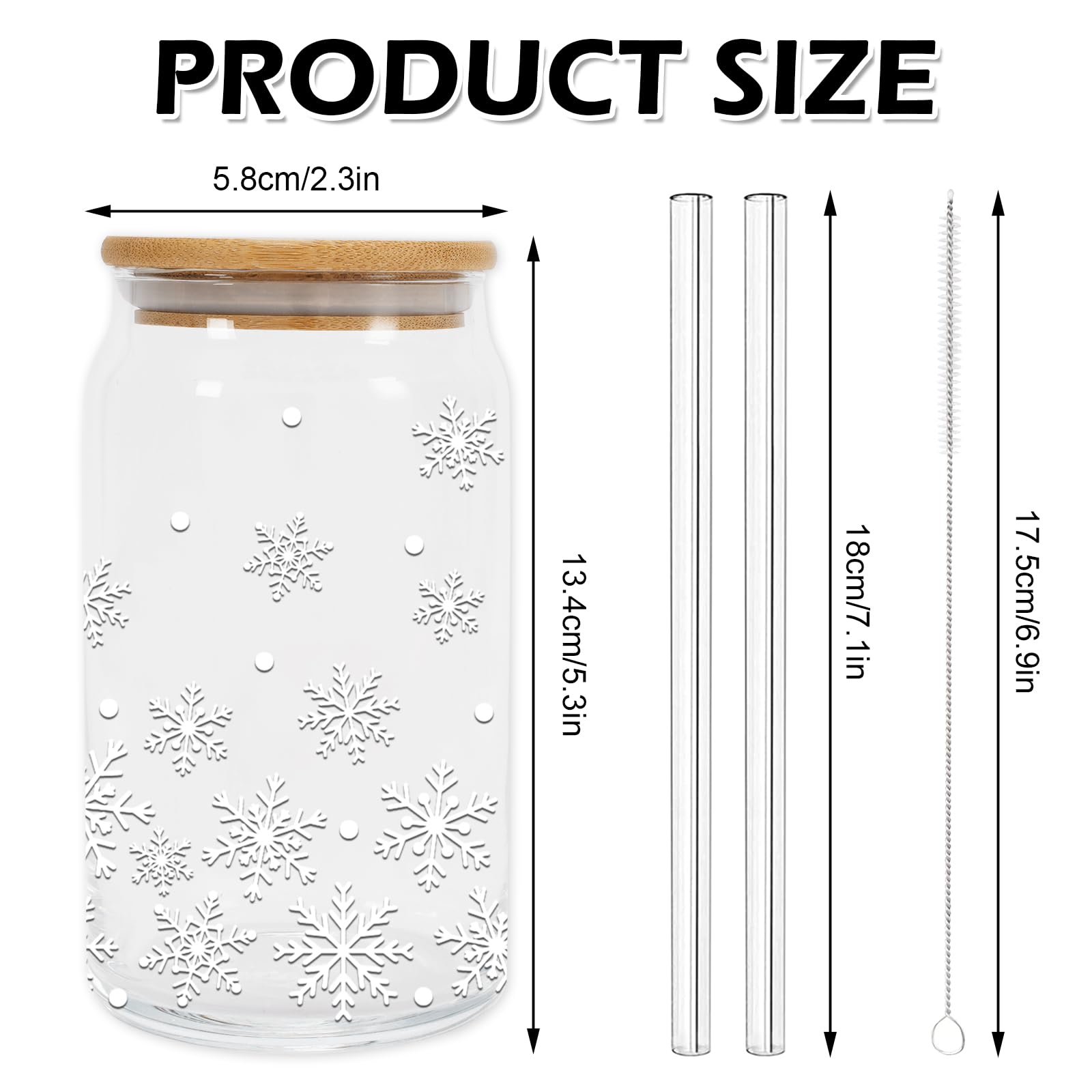 Whaline Lot de 2 verres à boire d'hiver en verre avec couvercle en bambou et paille en verre et brosse de nettoyage pour cocktails, whisky, bière, soda - 473,6 g - Blanc