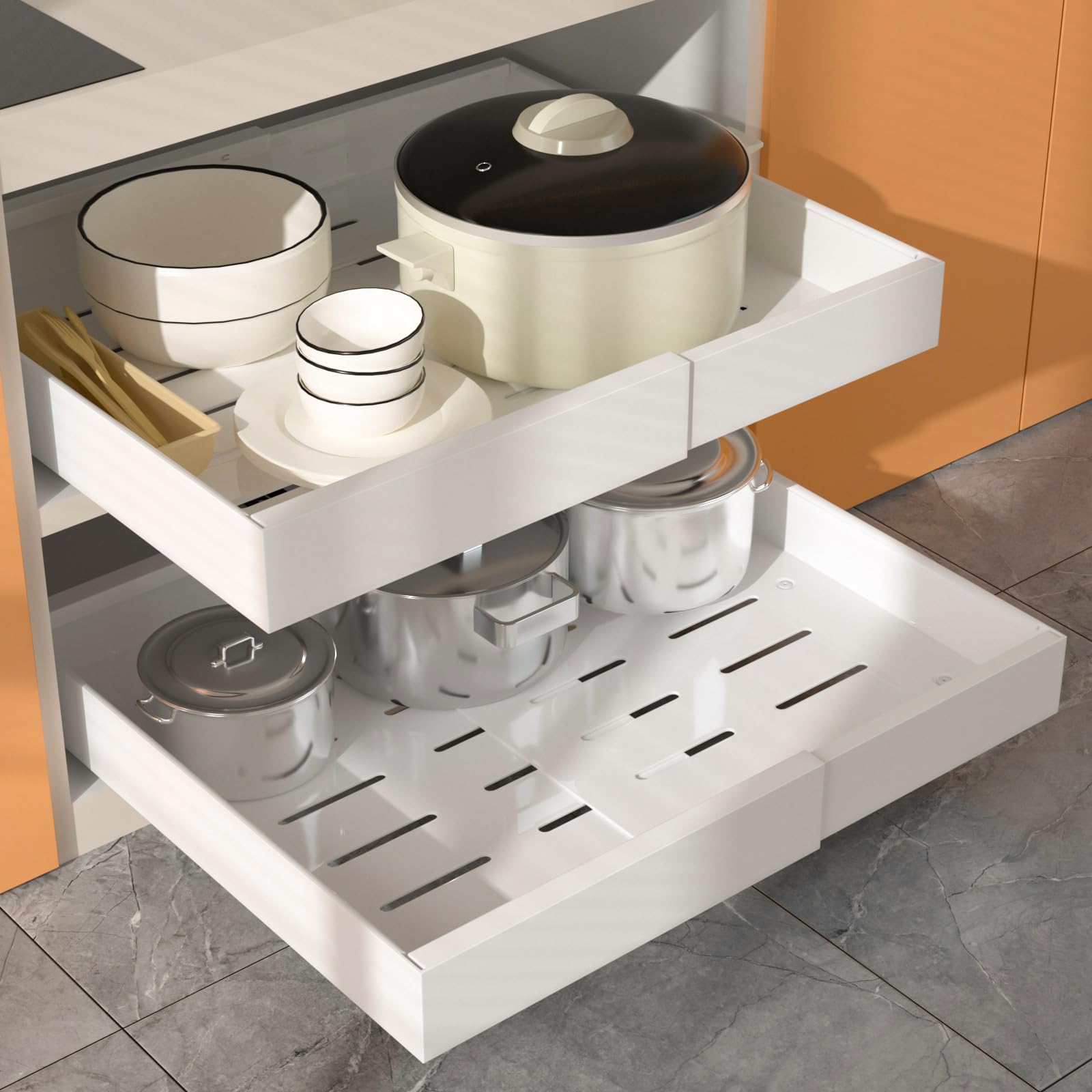 2 Stück erweiterbarer ausziehbarer Schrankorganisator mit Klebefläche, 53 cm tiefe Schubladen für Küchenunterschränke, verstellbare Breite 32 cm-53 cm